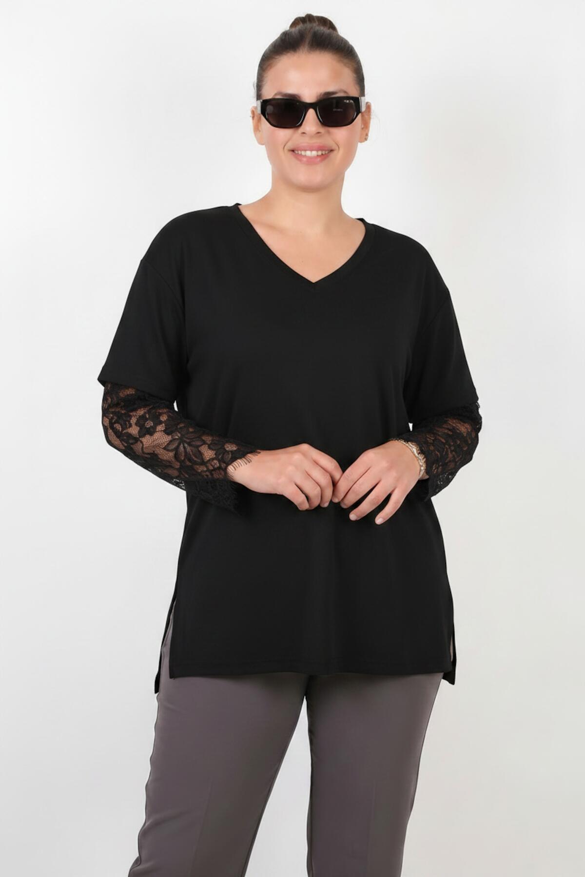 Spitzenbluse mit weiten Ärmeln – Schwarz