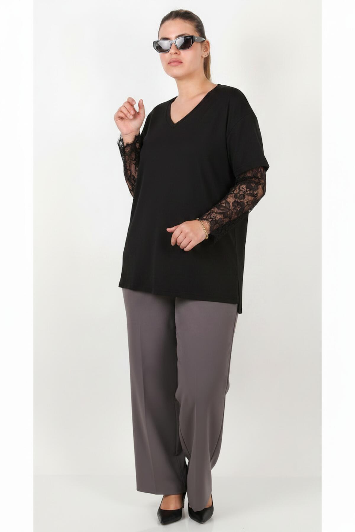 Spitzenbluse mit weiten Ärmeln – Schwarz
