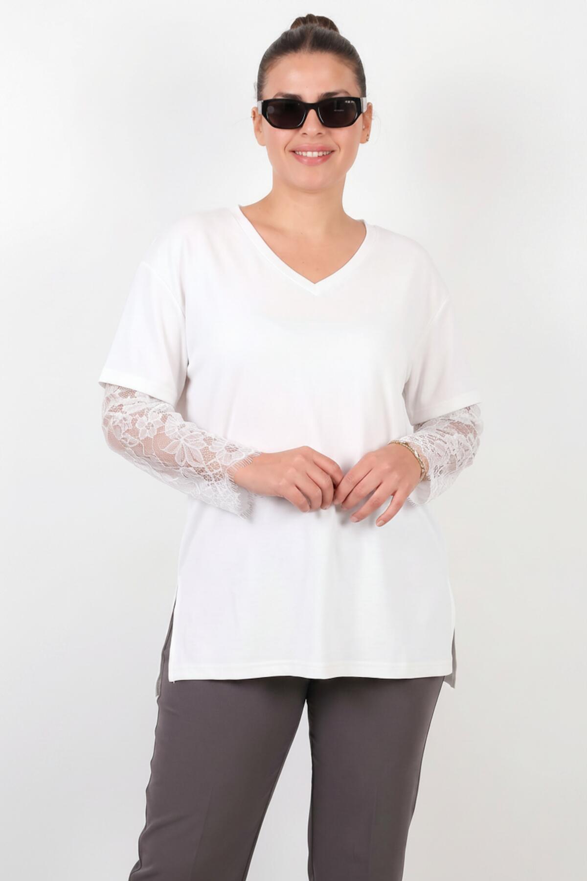 Damenbluse mit V-Ausschnitt und Spitzeneinsätzen — Weiß