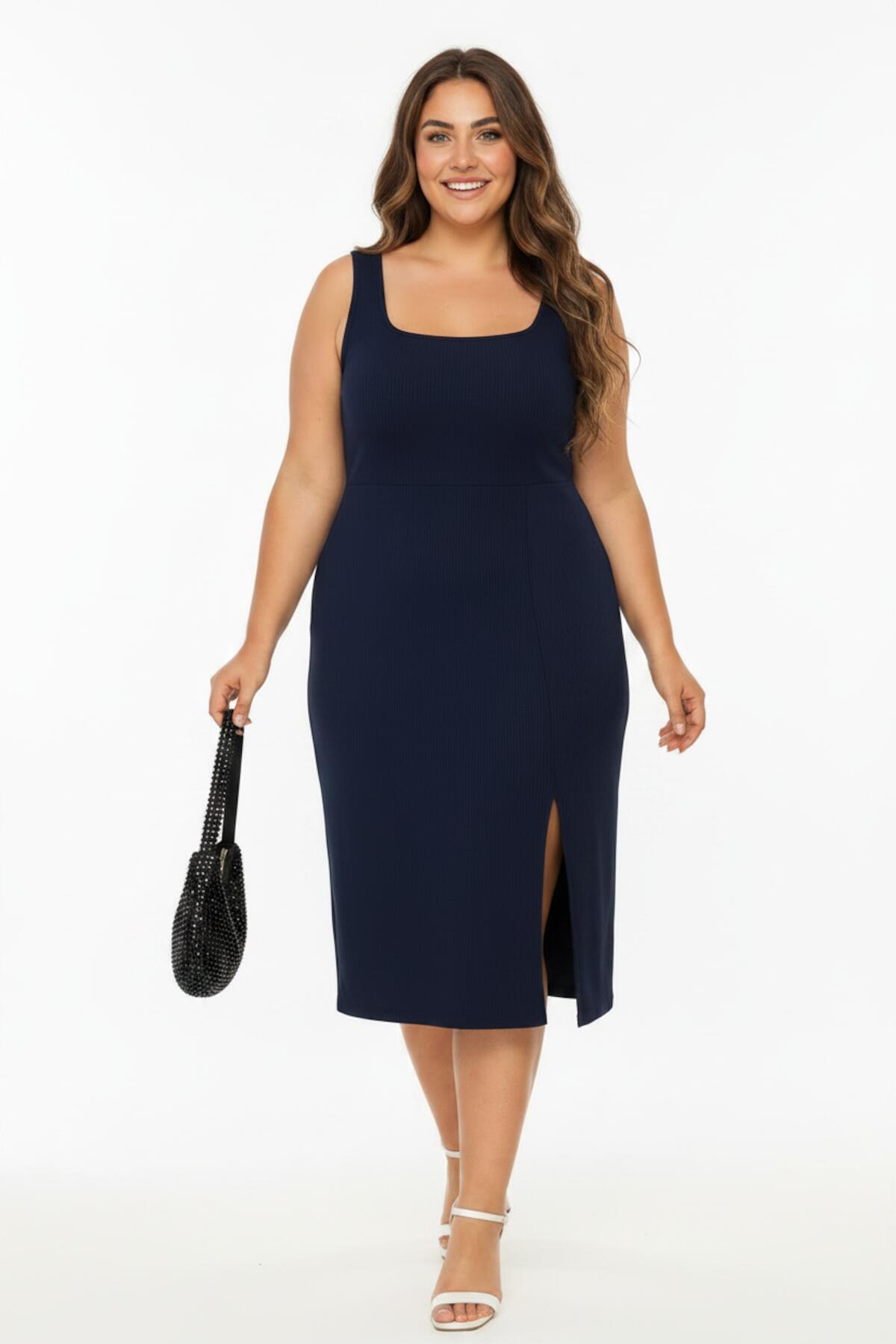 Große Größen – Ärmelloses Kleid mit eckigem Ausschnitt – Marineblau