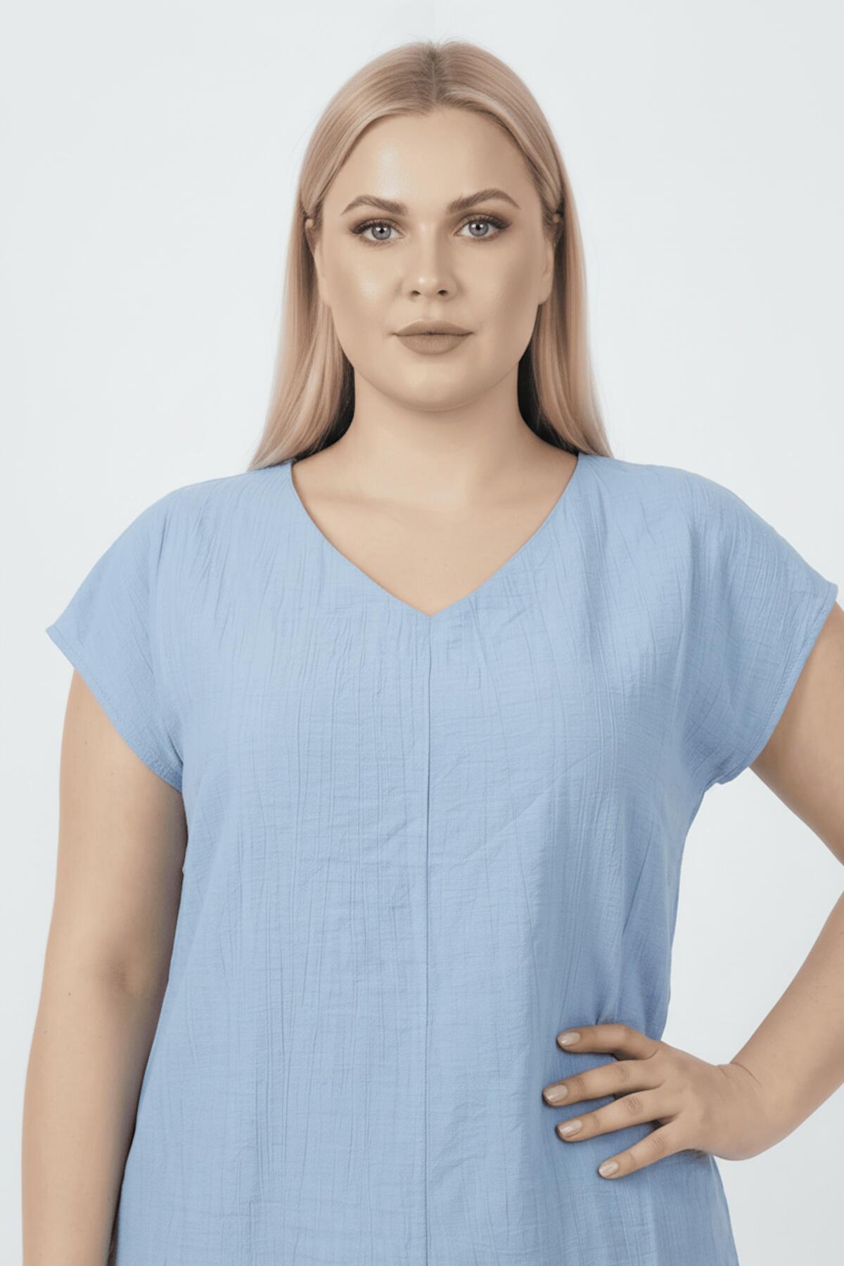 Große Größen V-Ausschnitt Bluse — Blau