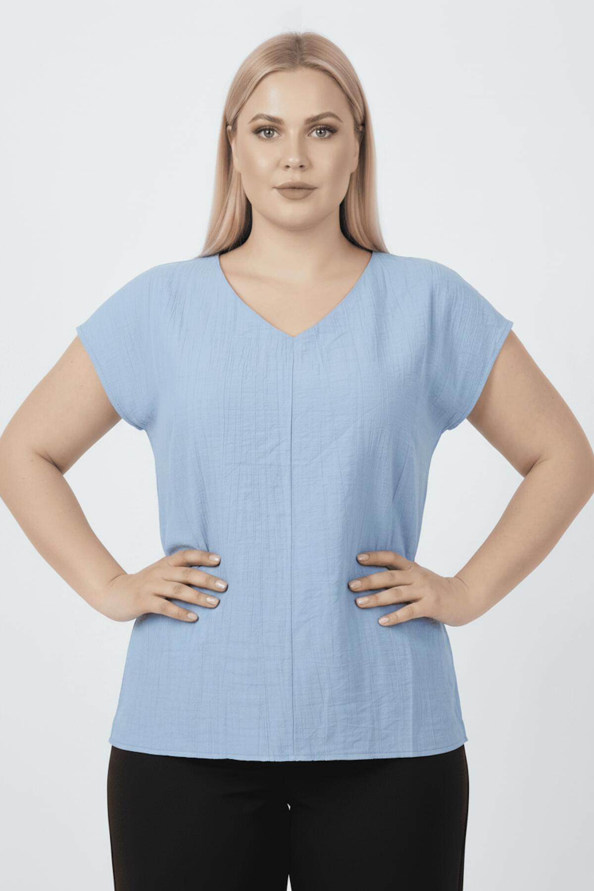 Große Größen V-Ausschnitt Bluse — Blau