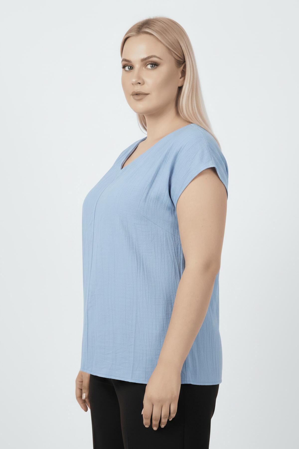 Große Größen V-Ausschnitt Bluse — Blau