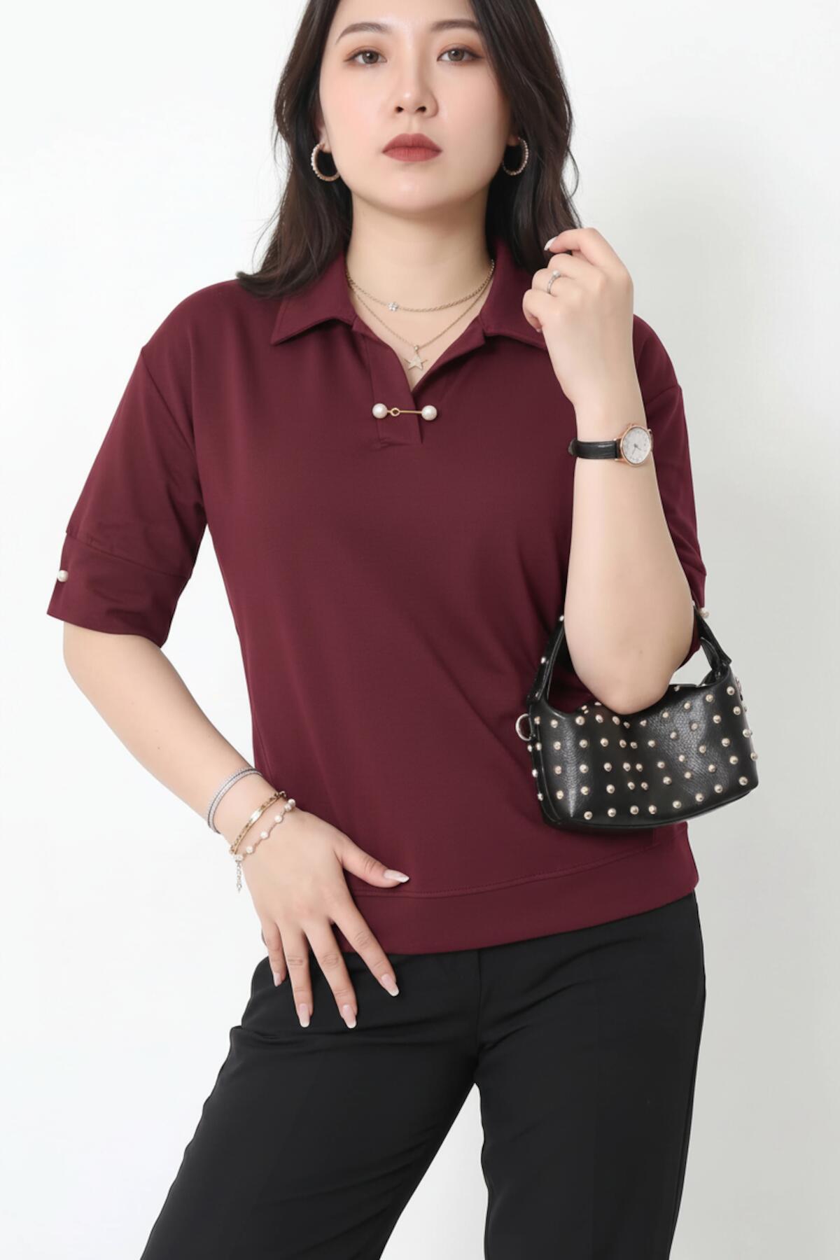 Plus - Size Blouse With Pearl Collar — Burgundy