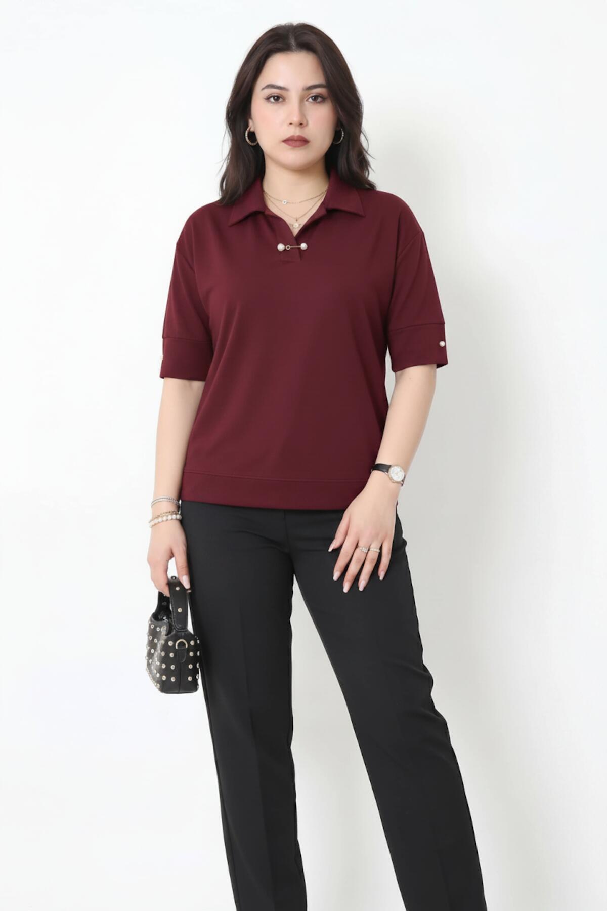 Plus - Size Blouse With Pearl Collar — Burgundy