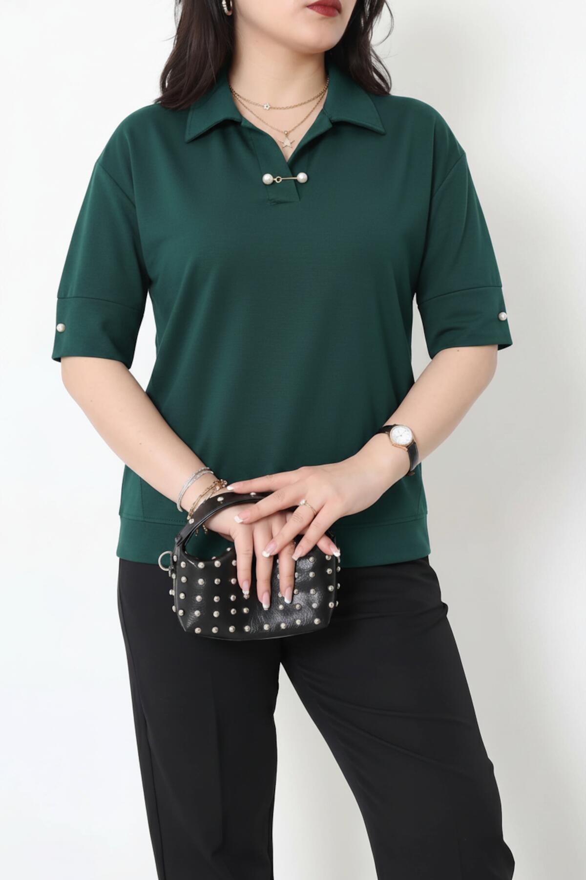 Plus - Size Pearl - Collar Blouse, Emerald