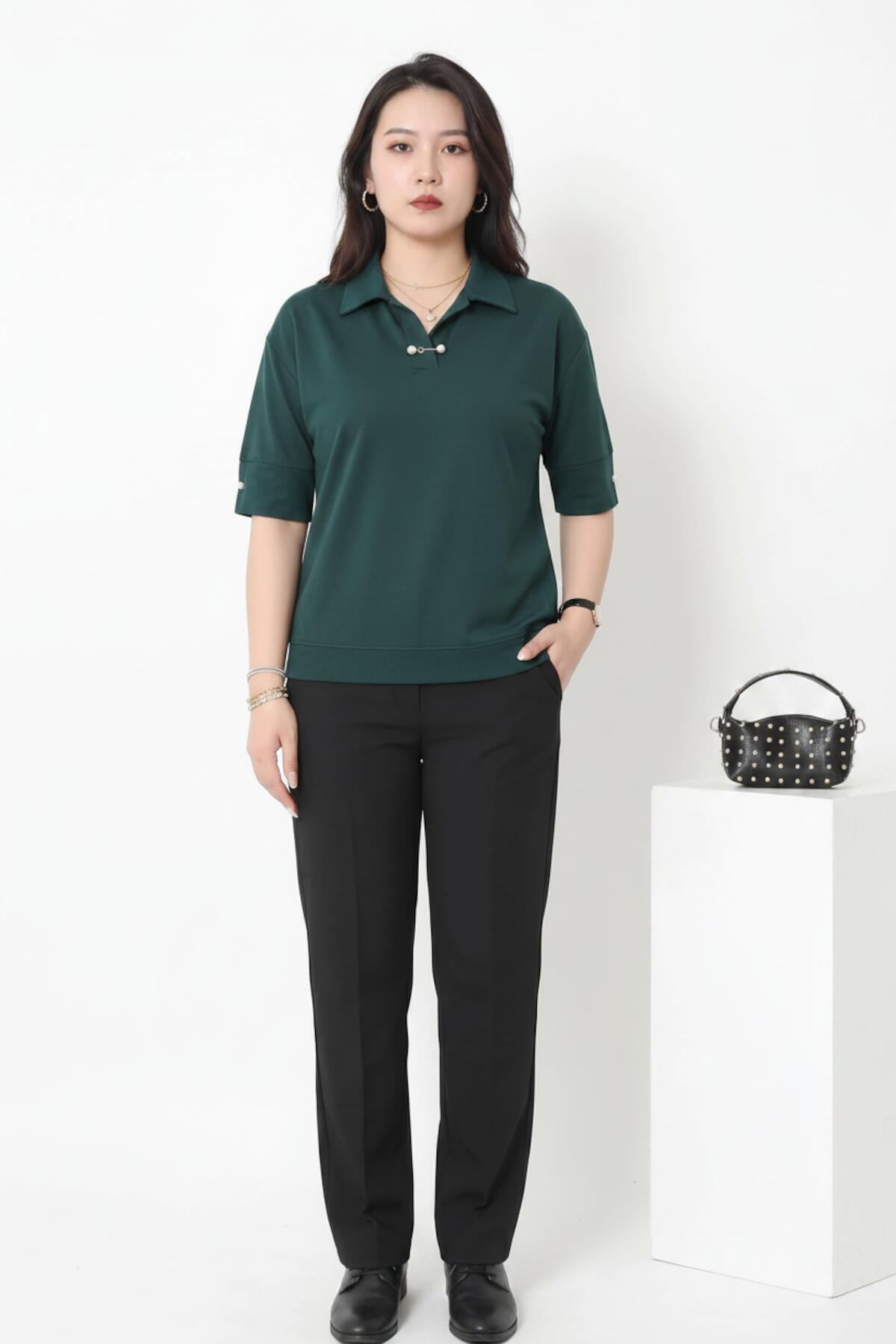 Plus - Size Pearl - Collar Blouse, Emerald