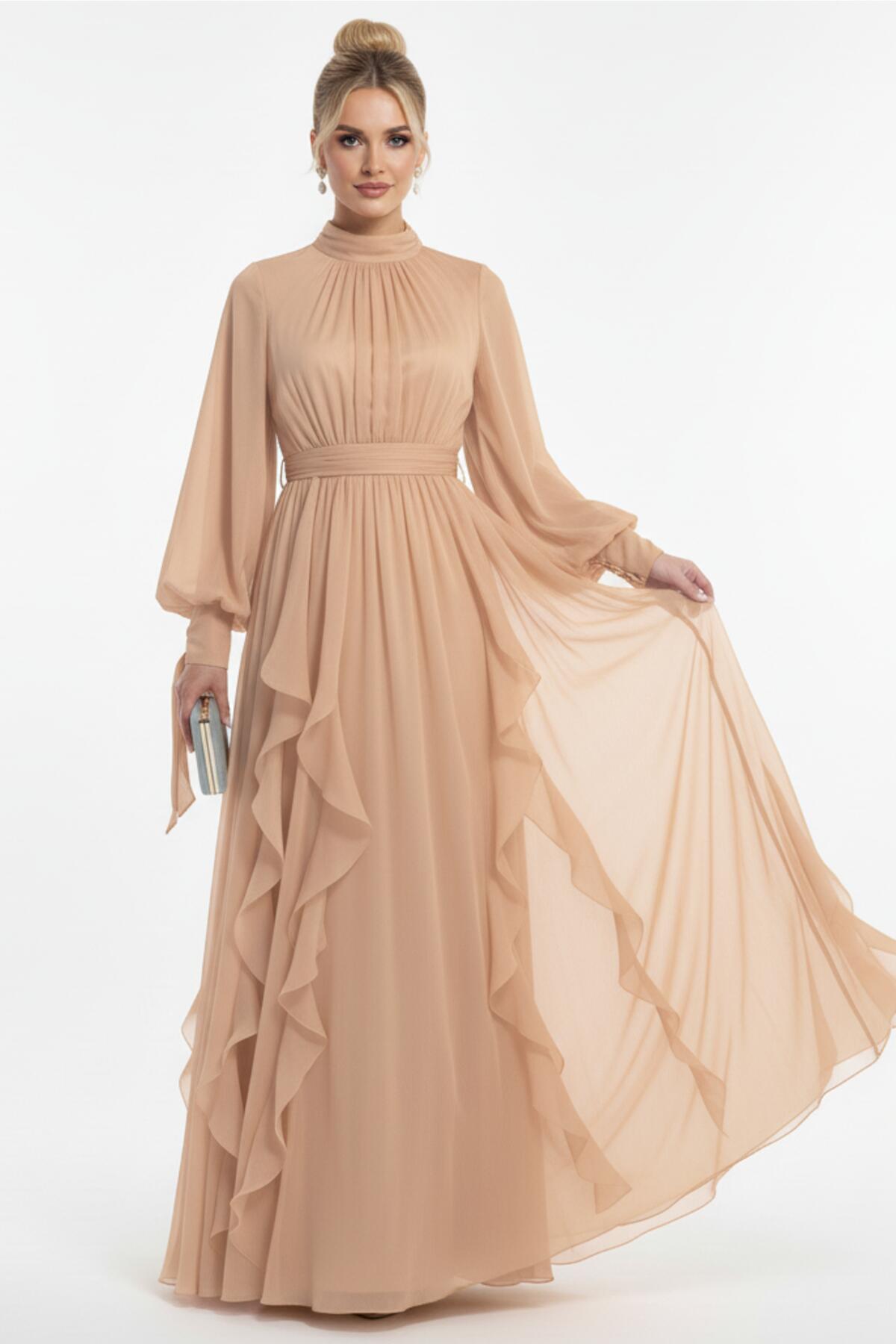 Bouclé Langarm-Abendkleid – Beige