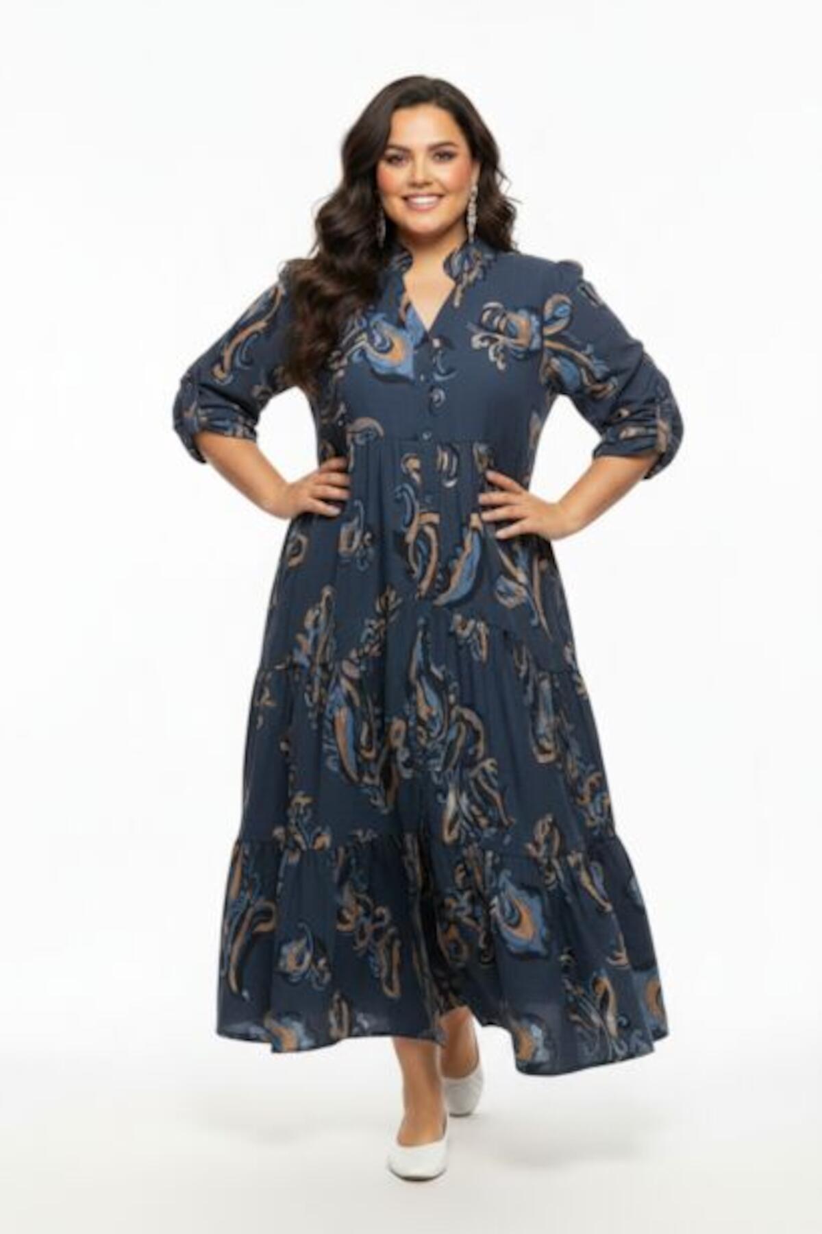 Plus - Size Maxi Dress With Partial Button Placket — Blue