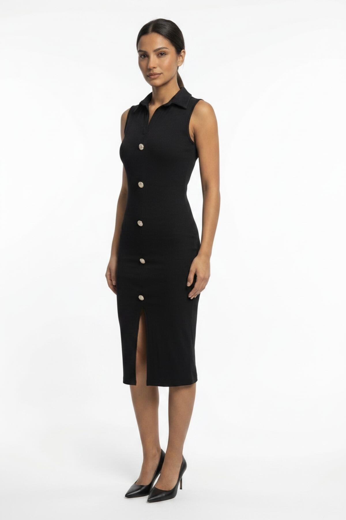 Long Ottoman Dress With Button Placket — Black