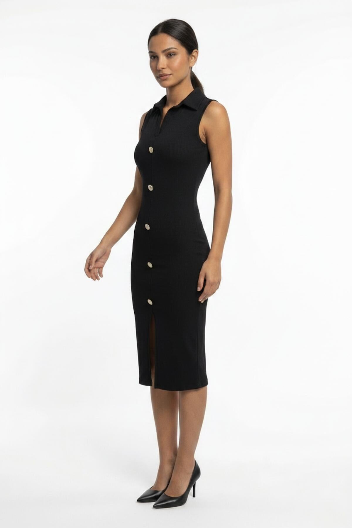 Long Ottoman Dress With Button Placket — Black