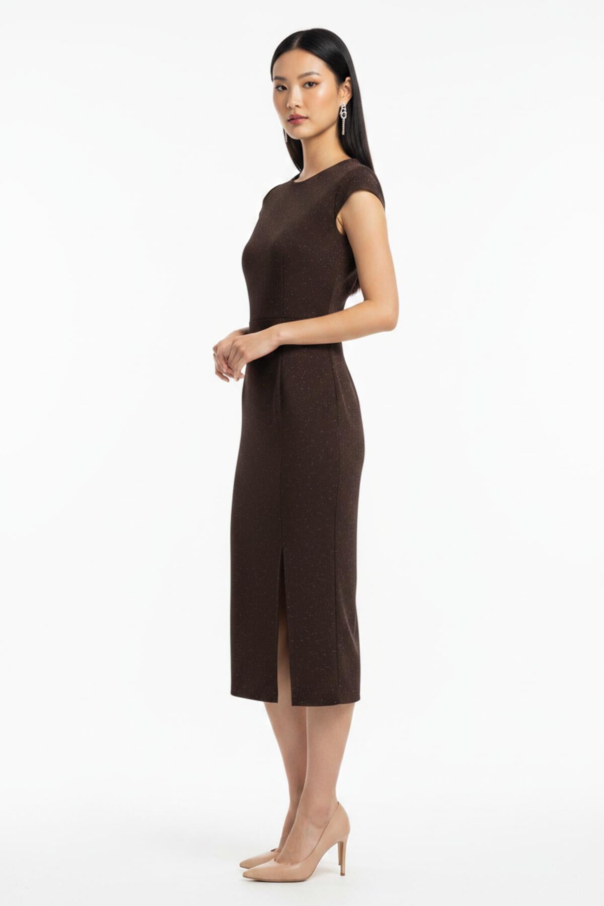 Embellished Gathered‑Waist Dress — Brown