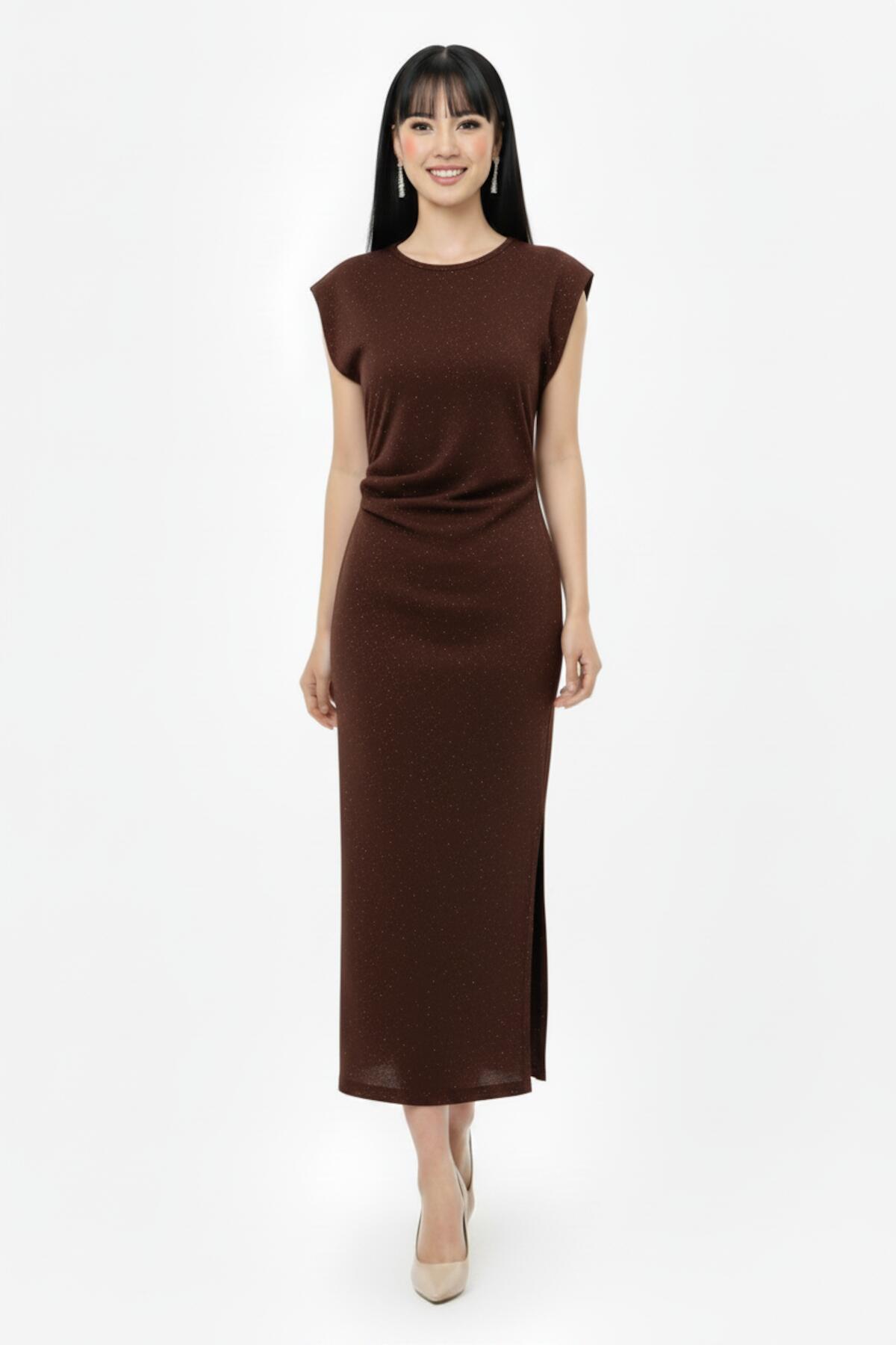 Embellished Gathered‑Waist Dress — Brown