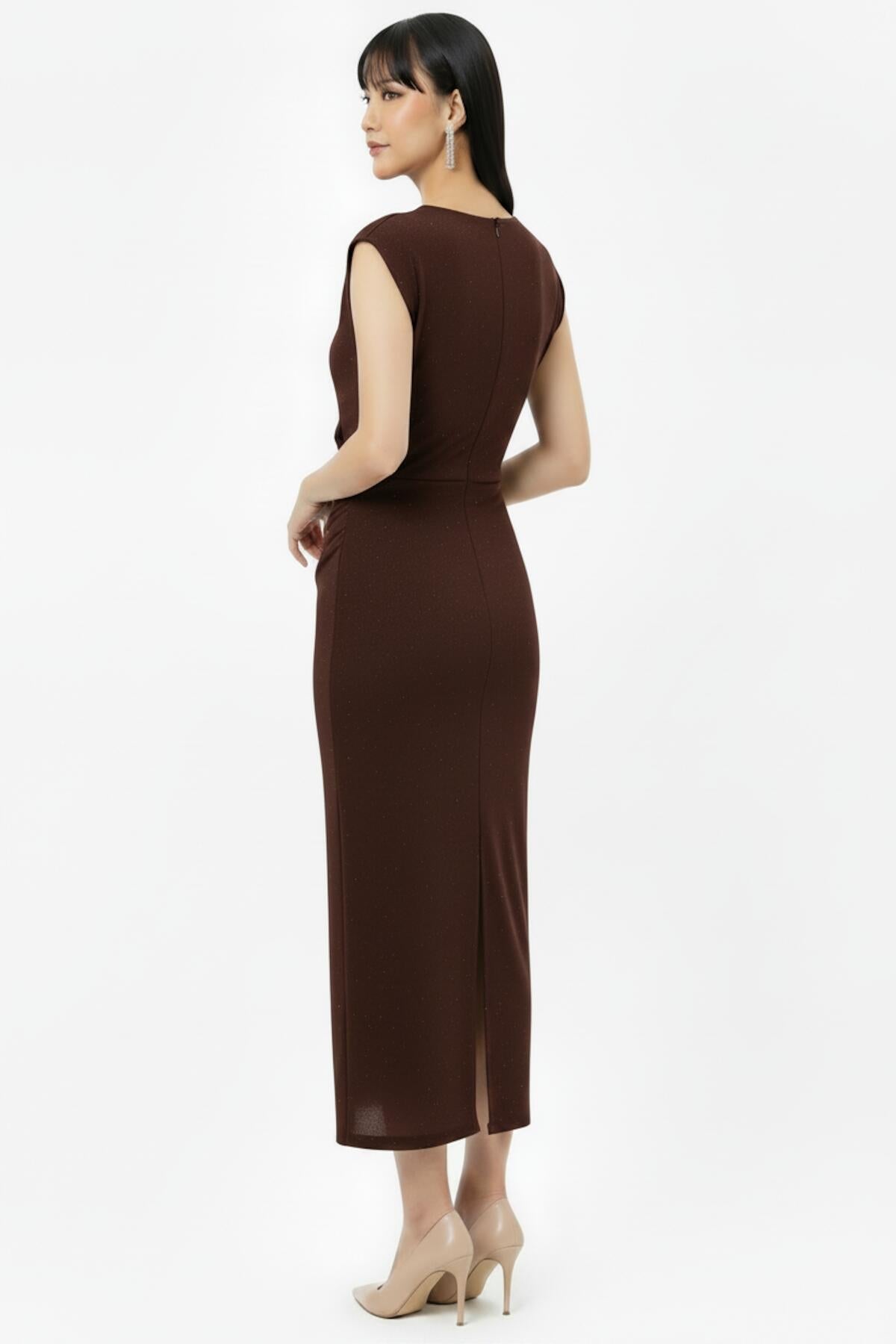 Embellished Gathered‑Waist Dress — Brown