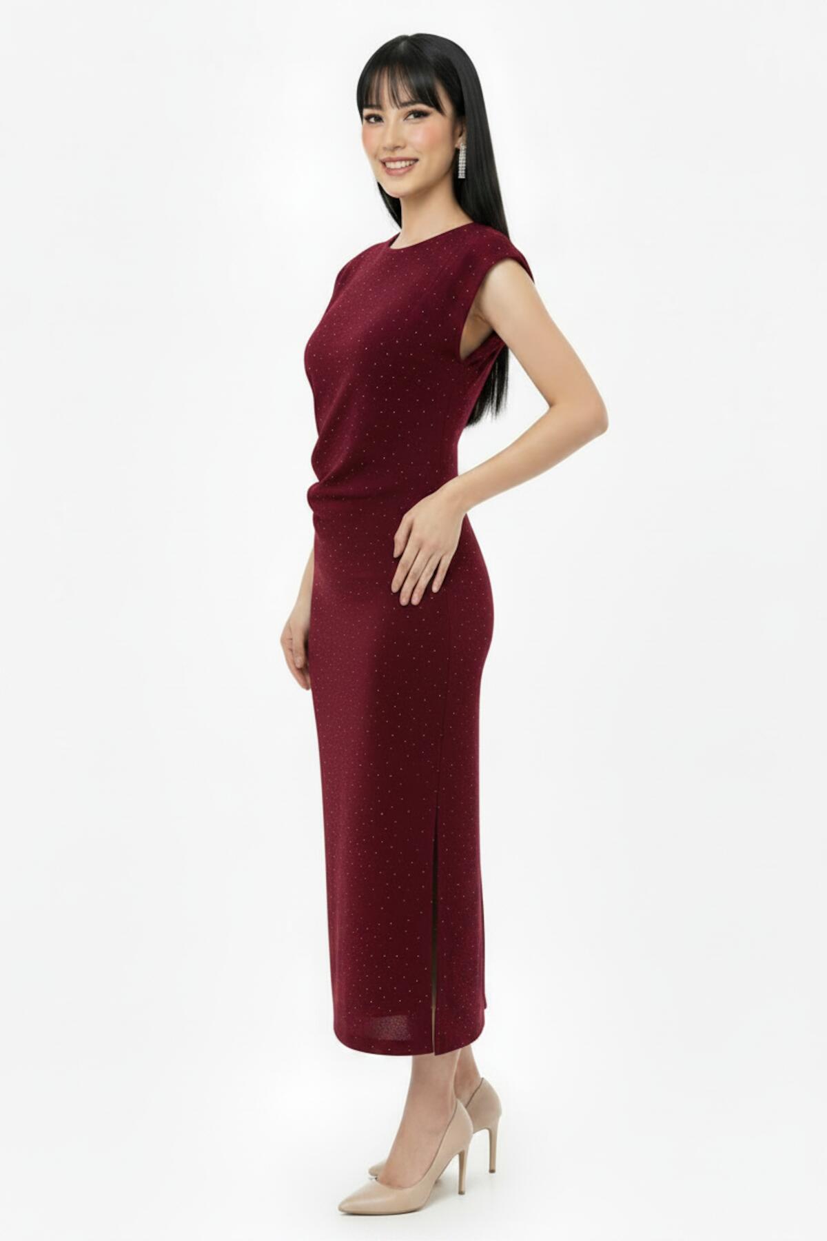 Ruched‑Waist Stone‑Embellished Dress — Burgundy