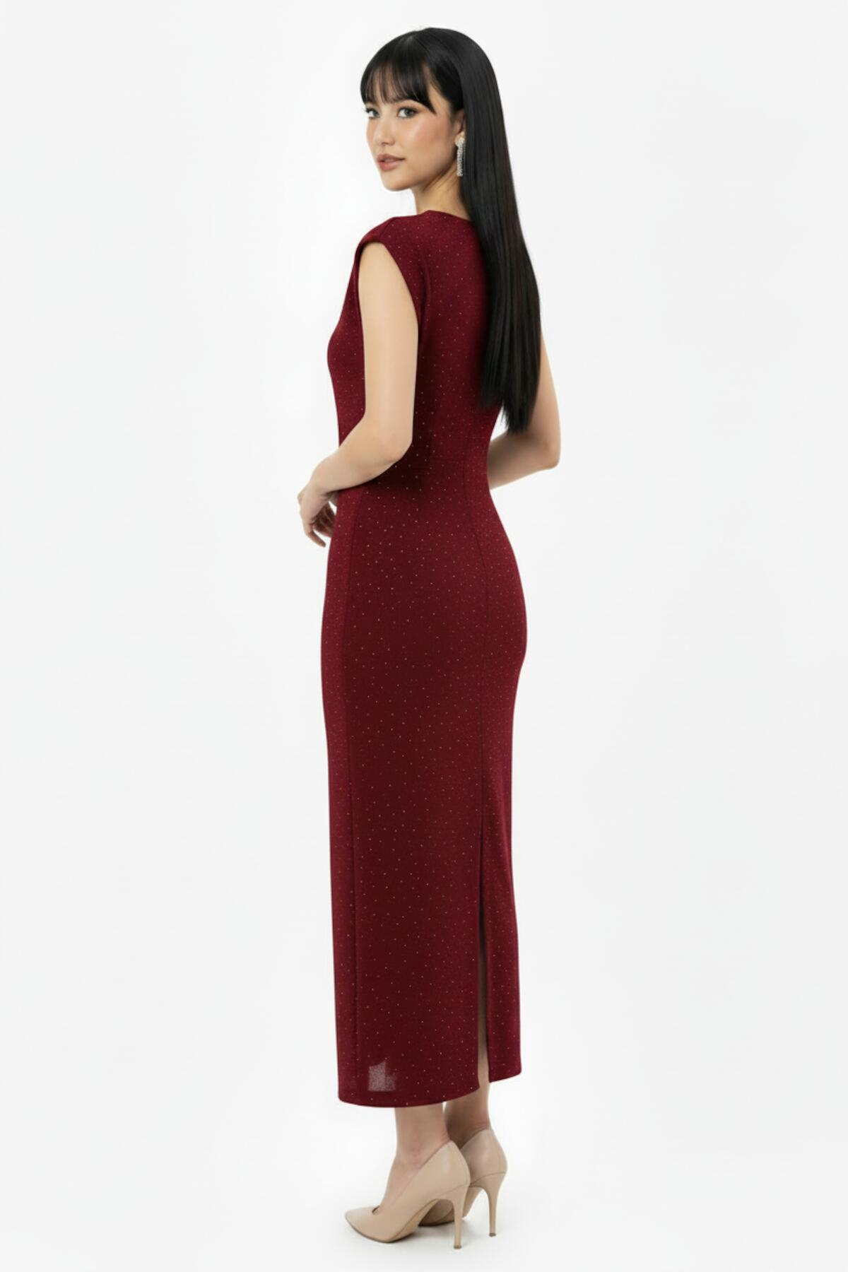 Ruched‑Waist Stone‑Embellished Dress — Burgundy
