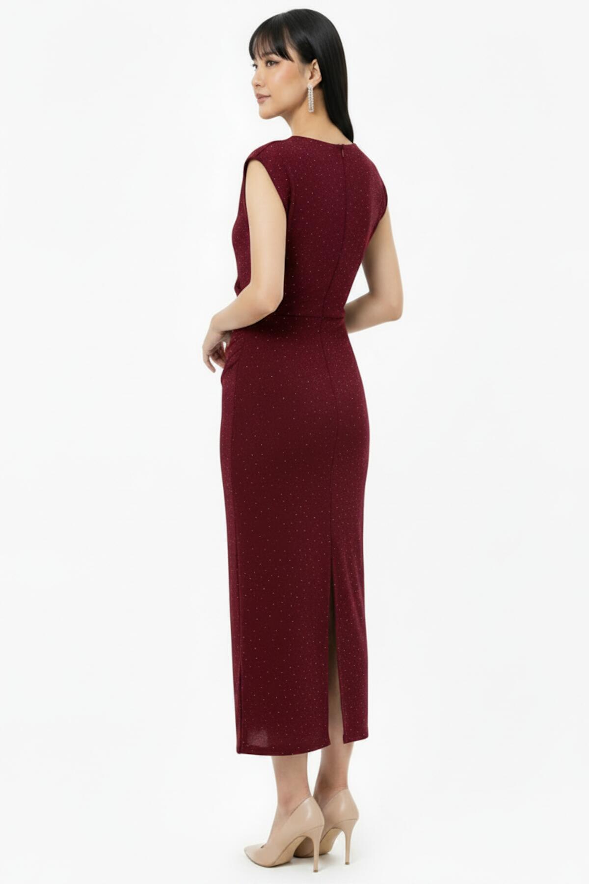 Ruched‑Waist Stone‑Embellished Dress — Burgundy