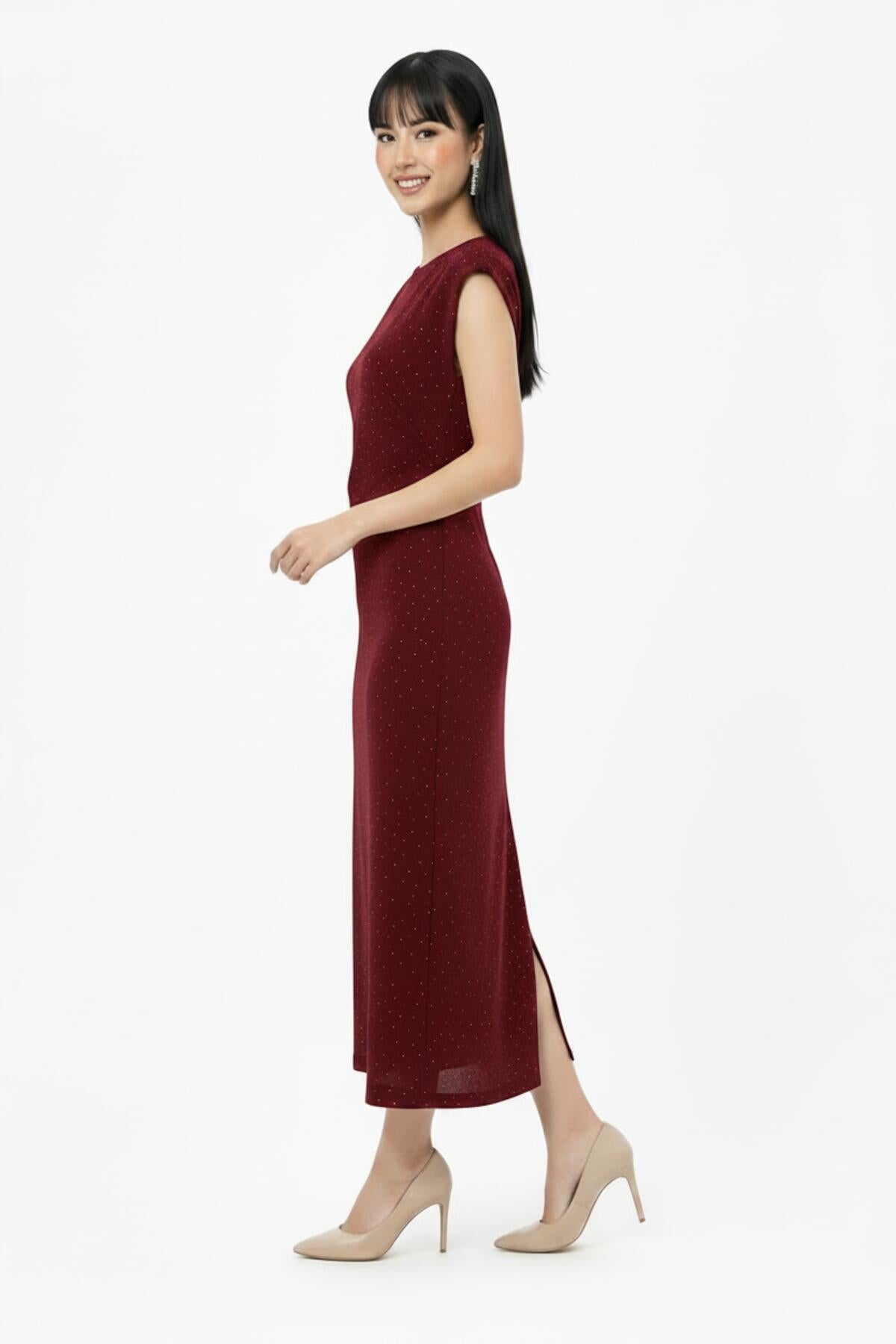 Ruched‑Waist Stone‑Embellished Dress — Burgundy