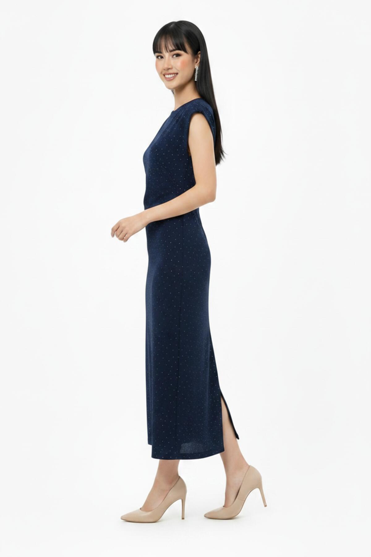 Ruched - Waist Embellished Dress — Navy