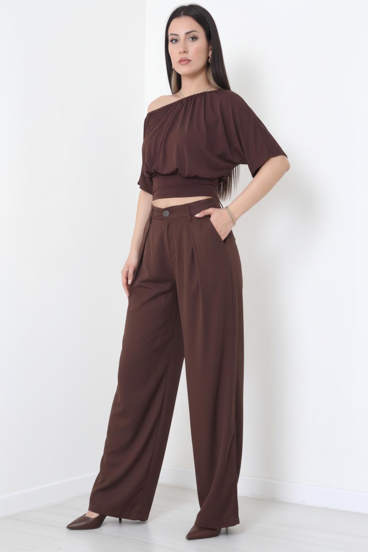 Pleated Tencel Trousers With Elastic Waist — Brown