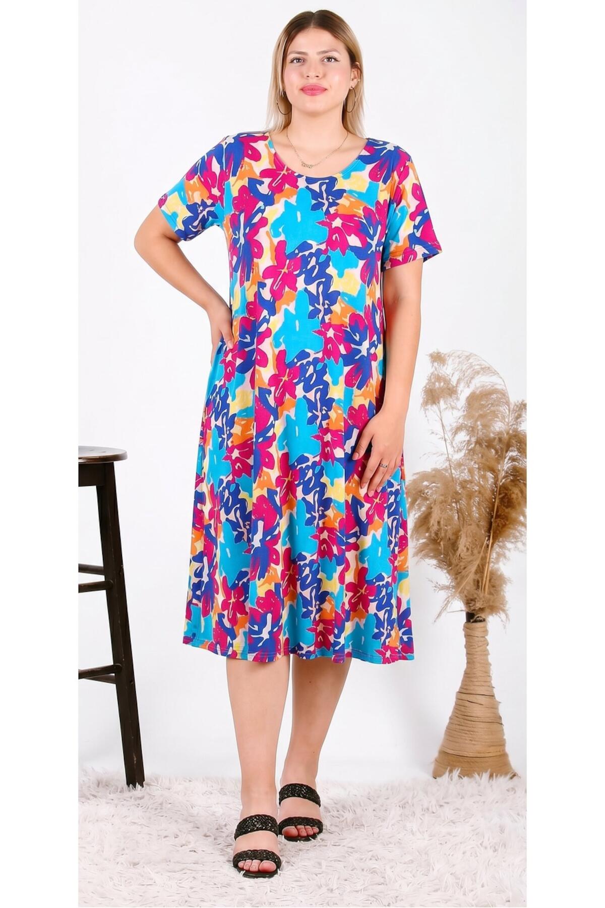 Grote Maten Jurk met Korte Mouwen — Blauw