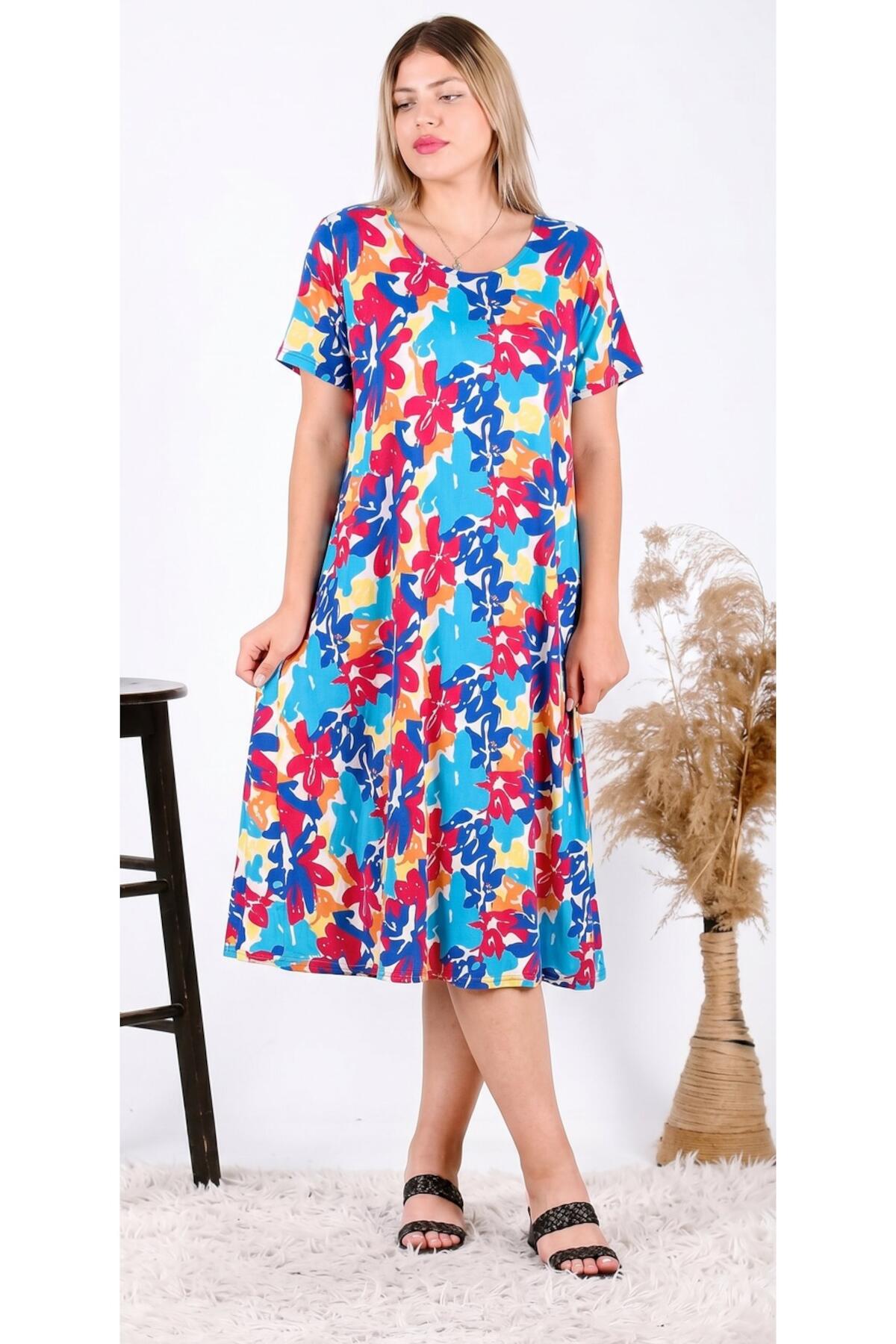 Plus-Size Kurzarmkleid – Blau