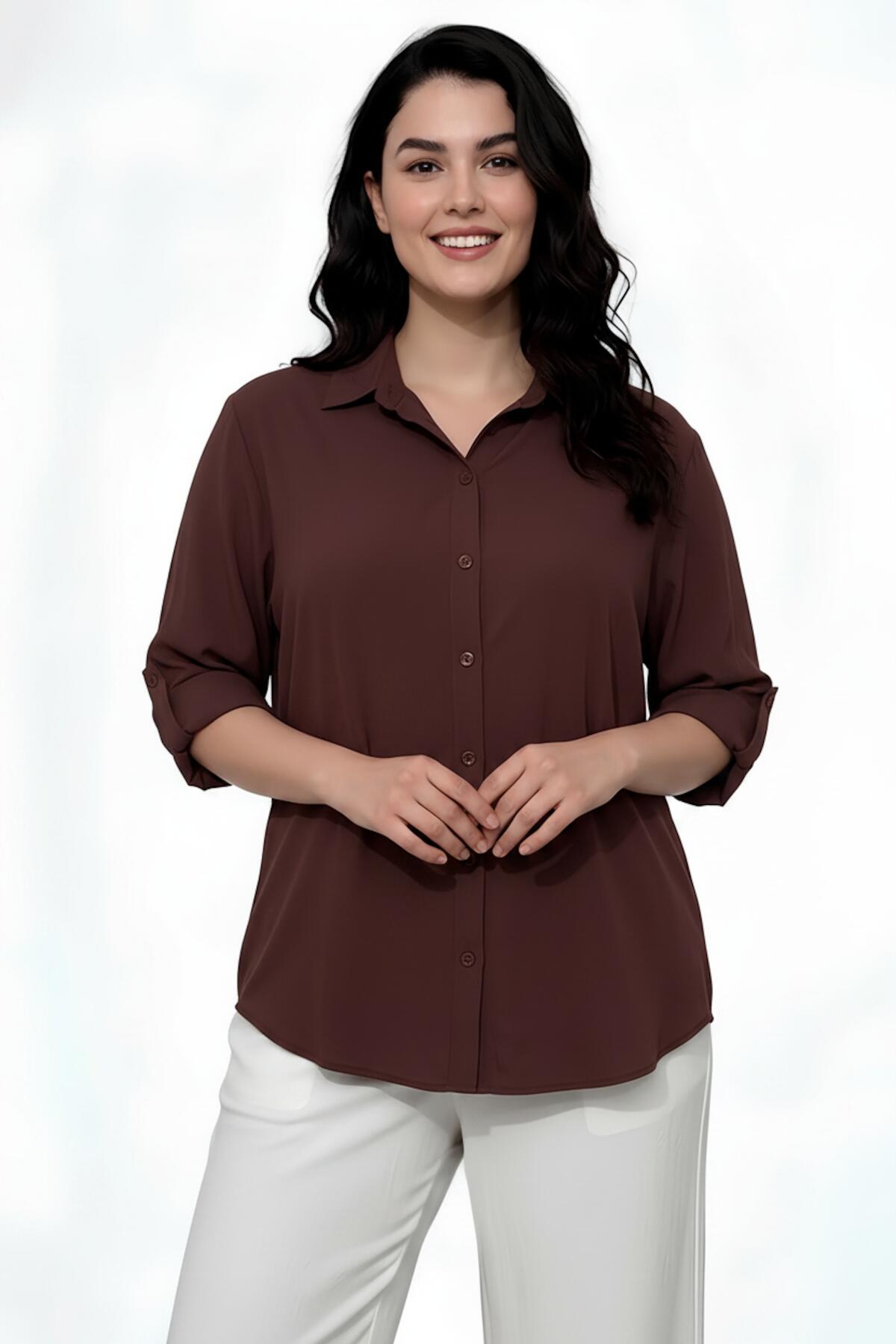 Plus-size overhemd, donkerbruin