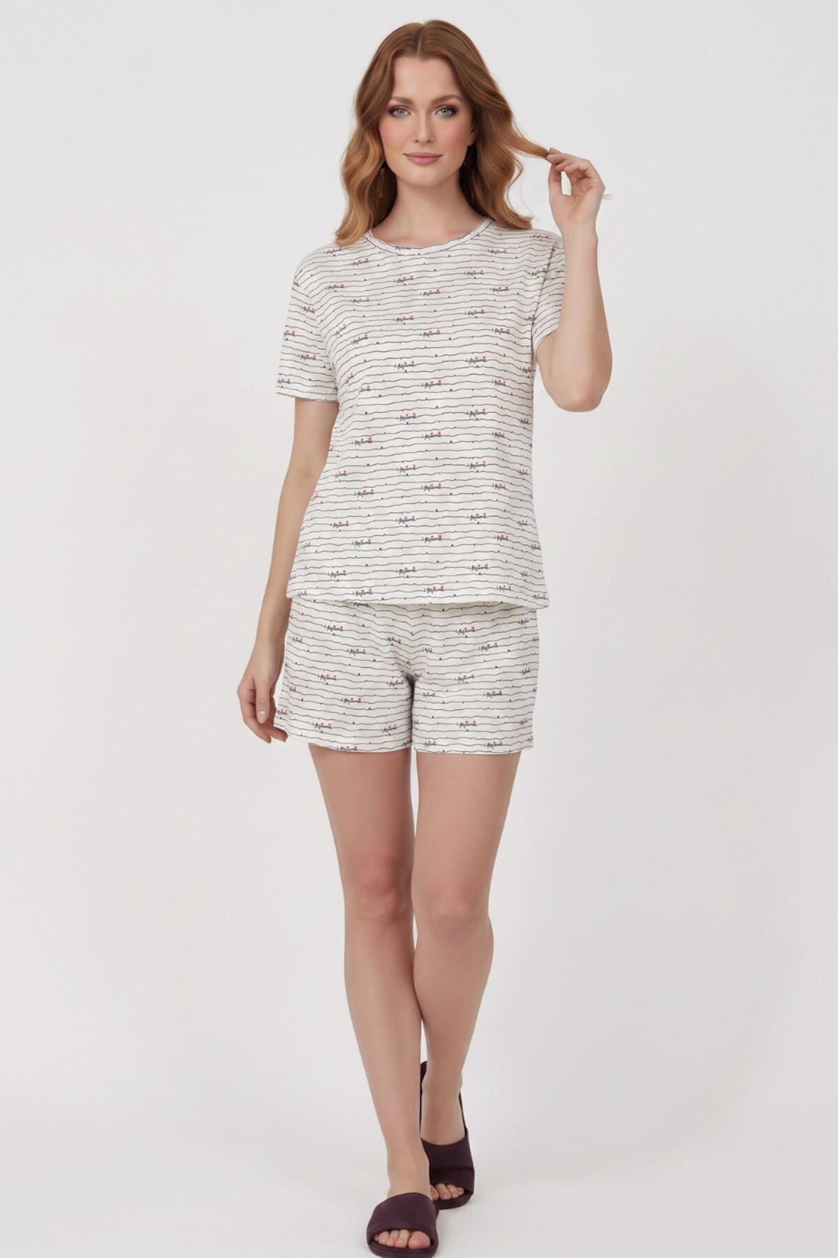 Damen Pyjama-Set Kurzarm gemustert — Ecru