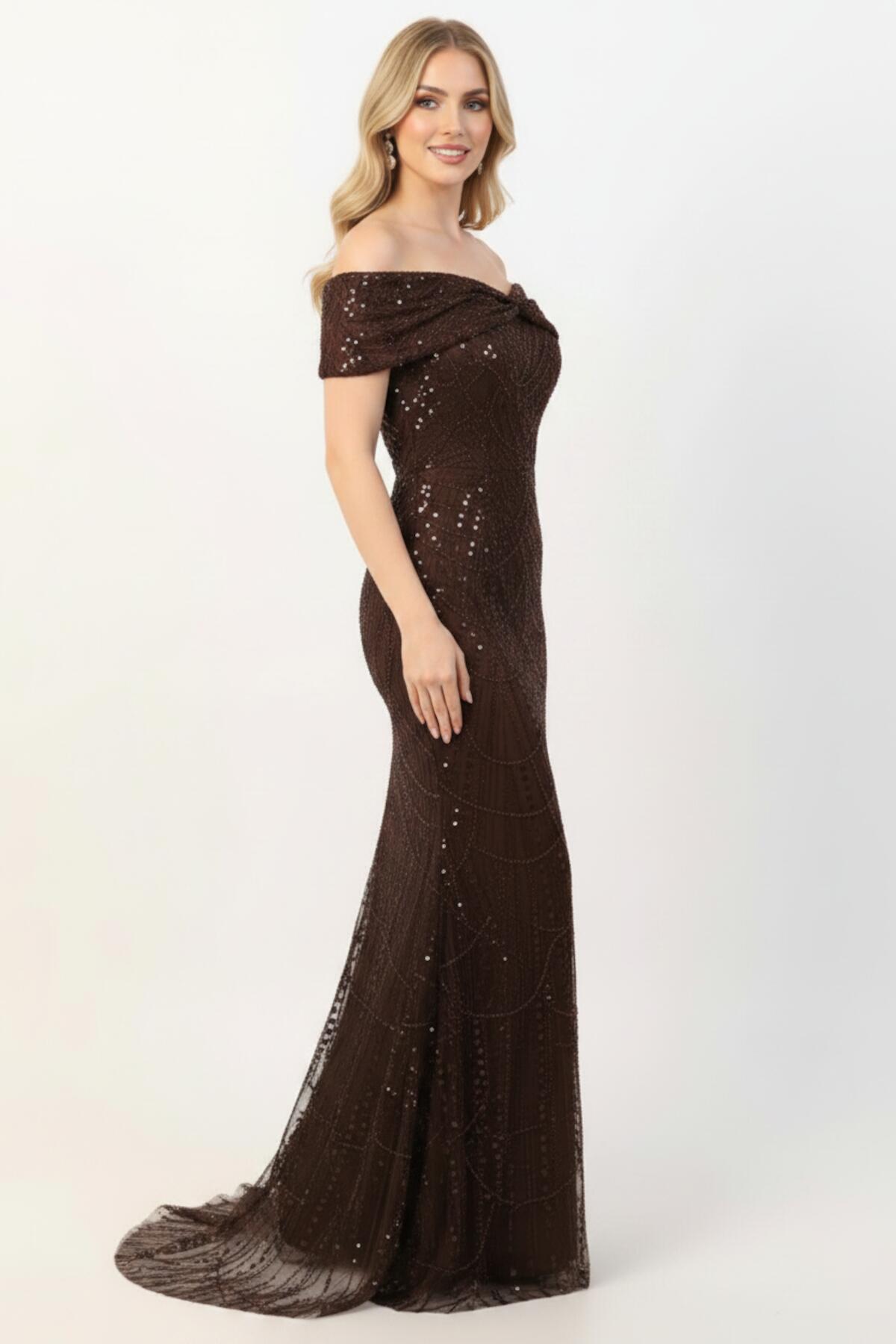 Sequin & Bead Long Gown With Statement Neckline — Brown