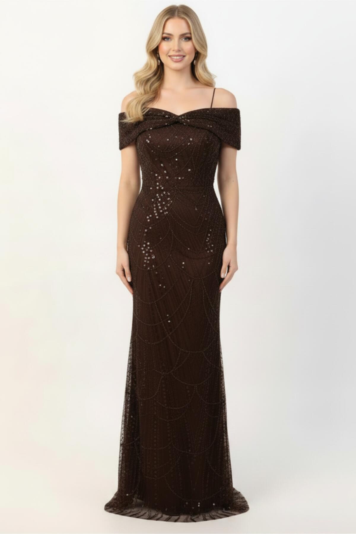 Sequin & Bead Long Gown With Statement Neckline — Brown