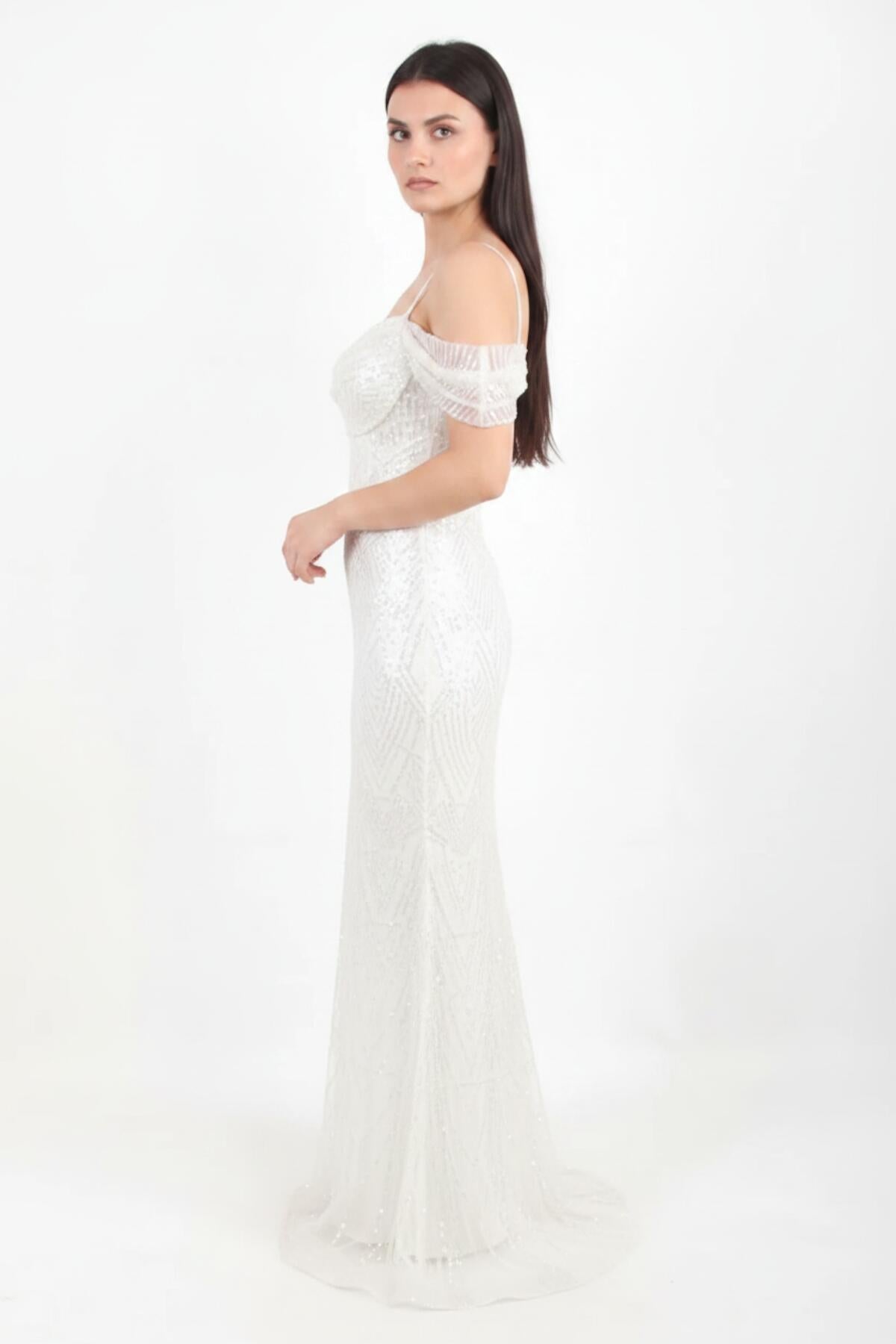 White Off - Shoulder Sequin And Beaded Evening Dress