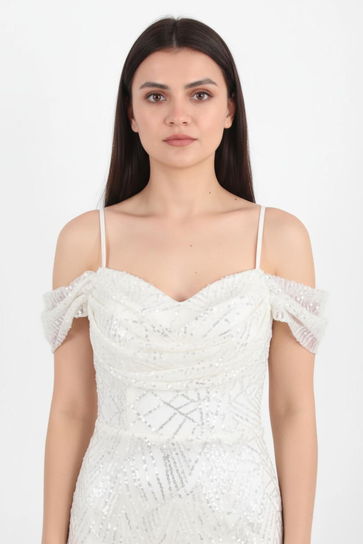 White Off - Shoulder Sequin And Beaded Evening Dress