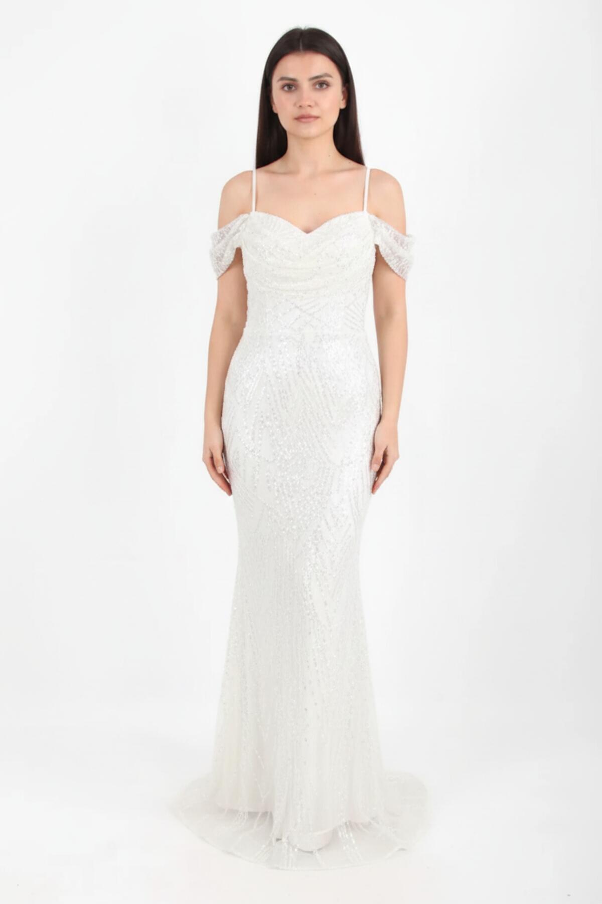 White Off - Shoulder Sequin And Beaded Evening Dress