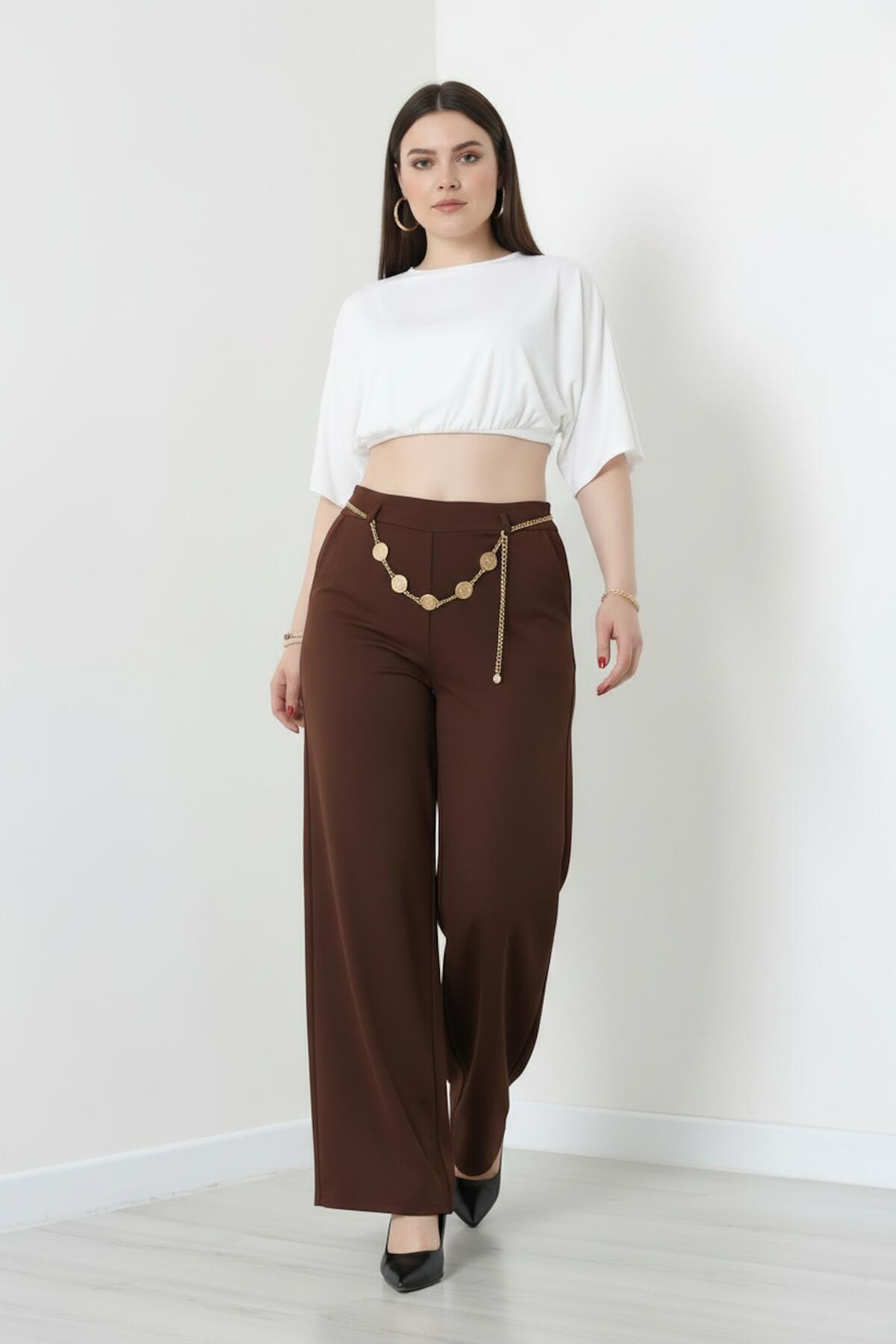 Belt - Detail Wide - Leg Trousers — Brown