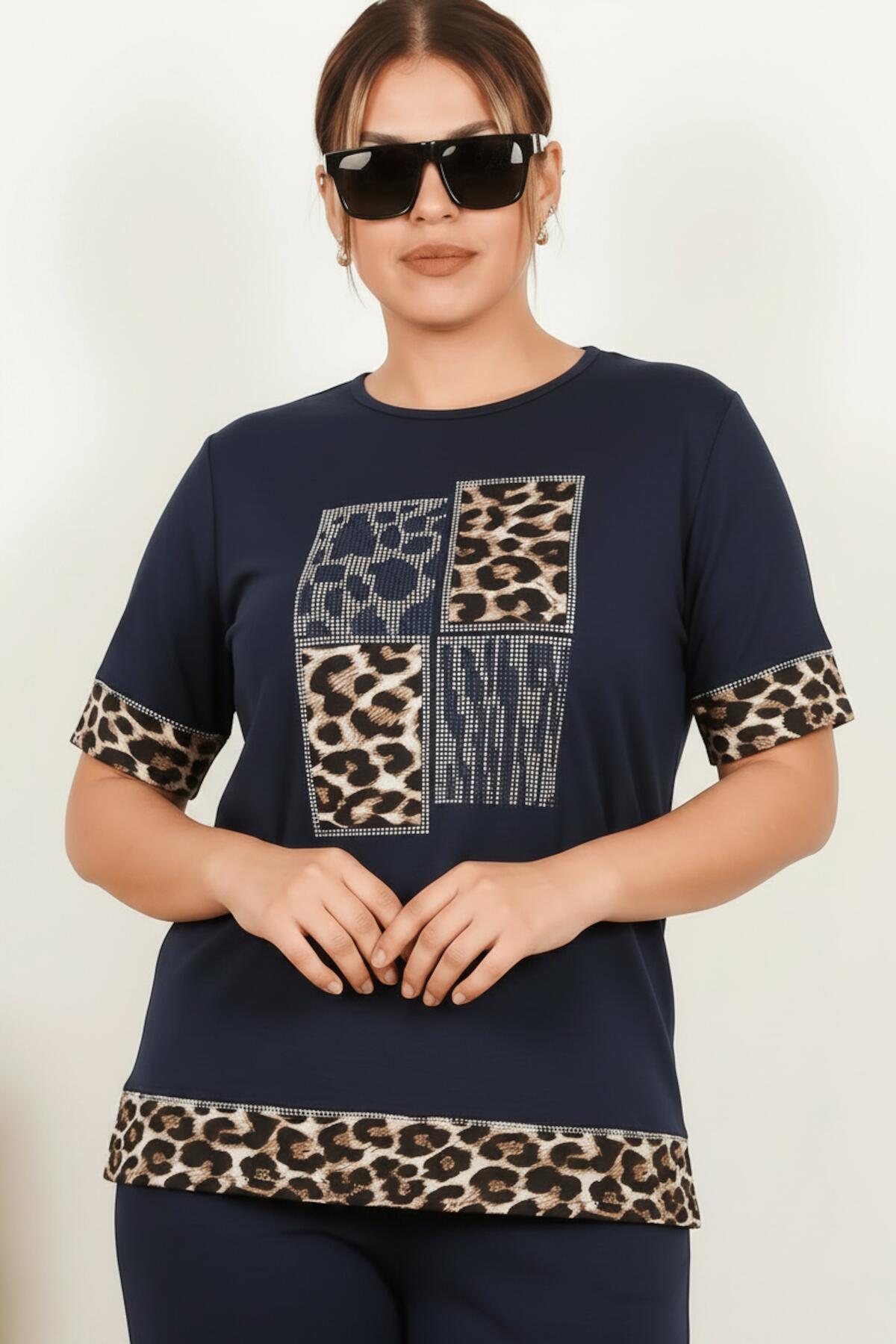 Große Größen Leoparden-Print Kurzarm-Set — Marineblau