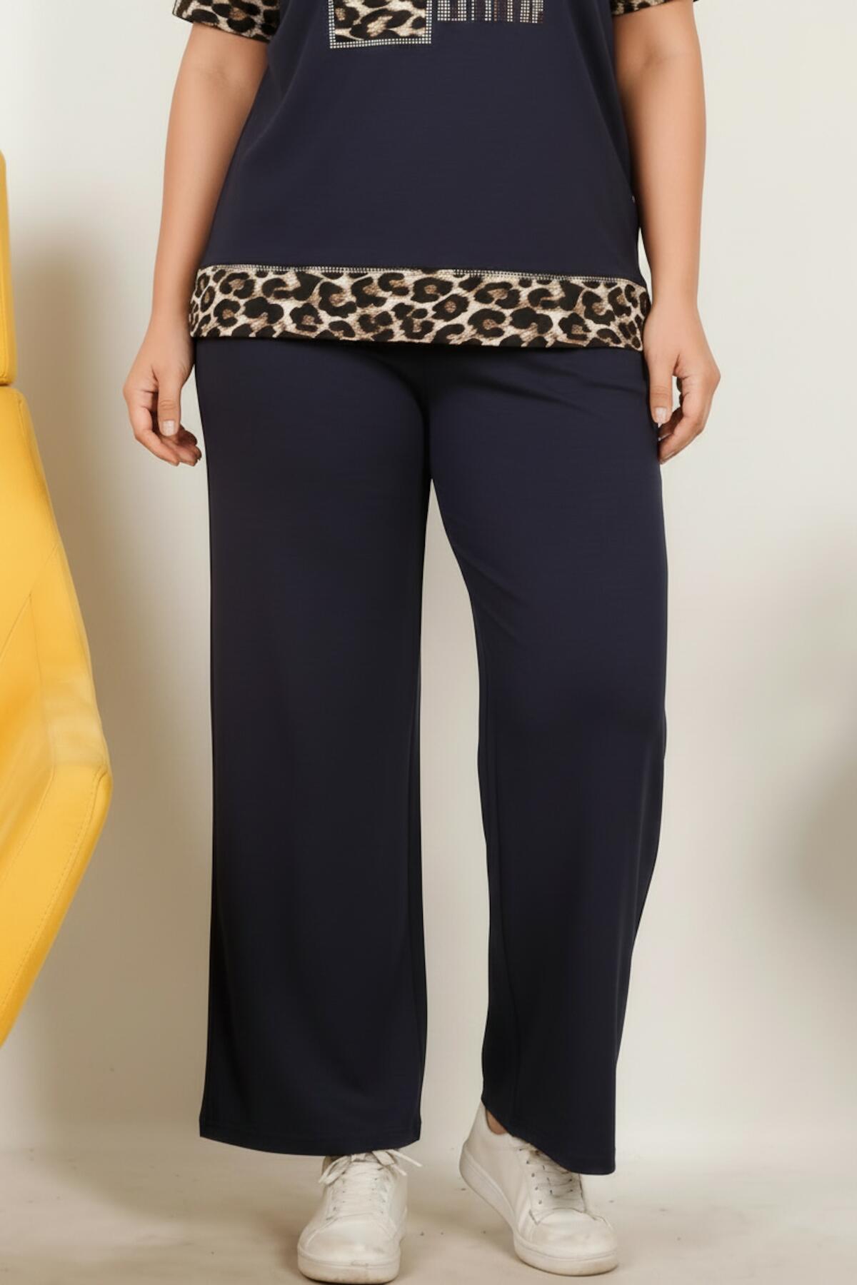 Große Größen Leoparden-Print Kurzarm-Set — Marineblau