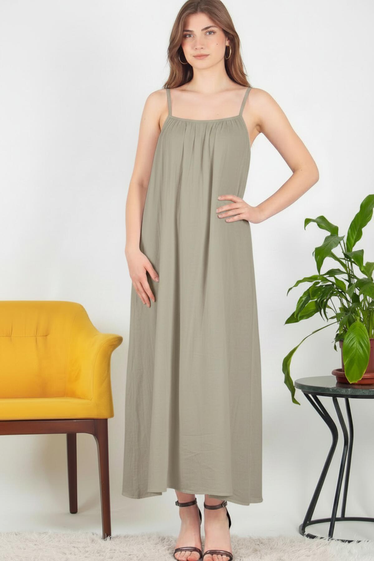 Italian Voile Midi Dress With Spaghetti Straps — Khaki