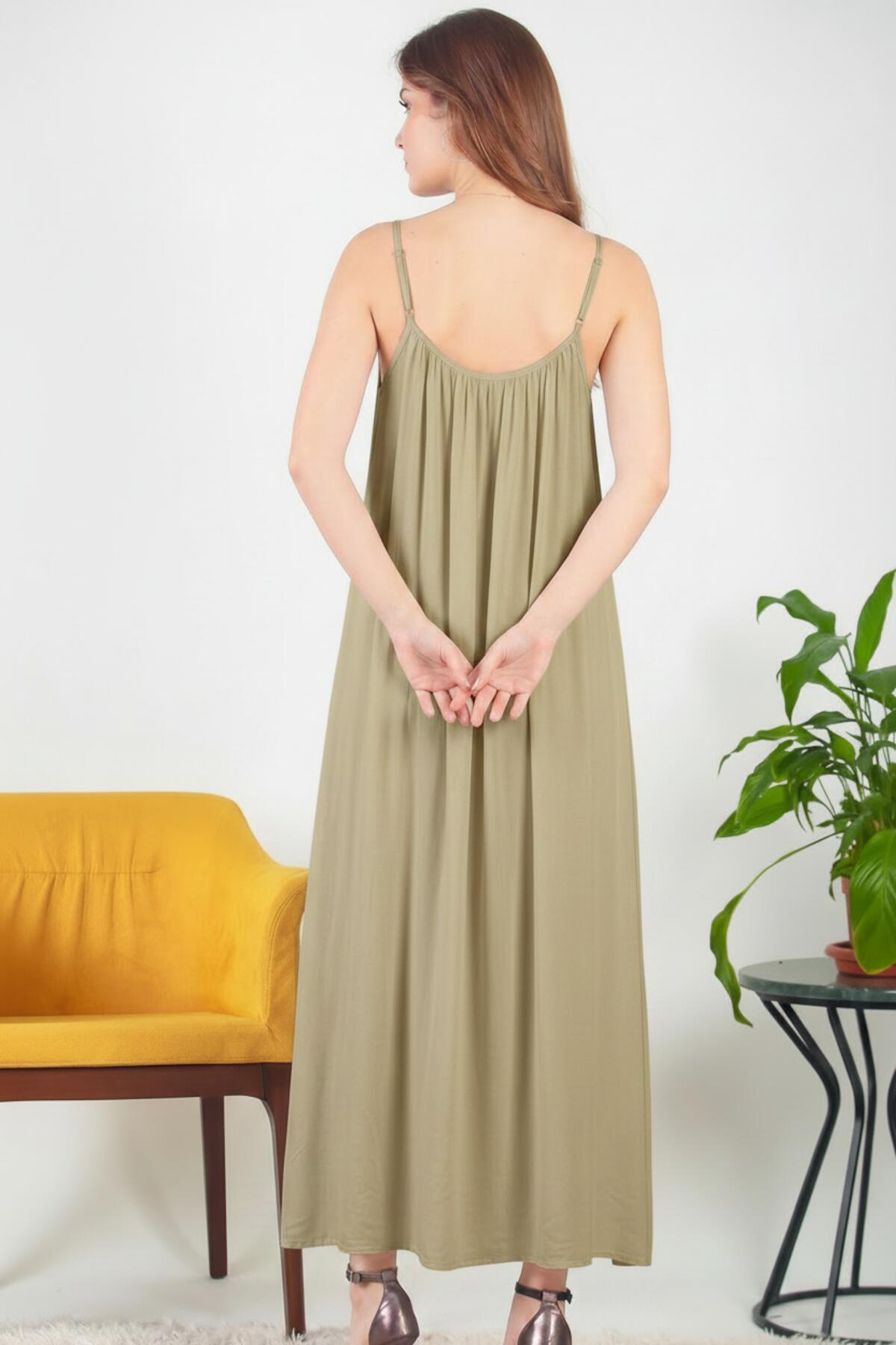 Italian Voile Midi Dress With Spaghetti Straps — Khaki
