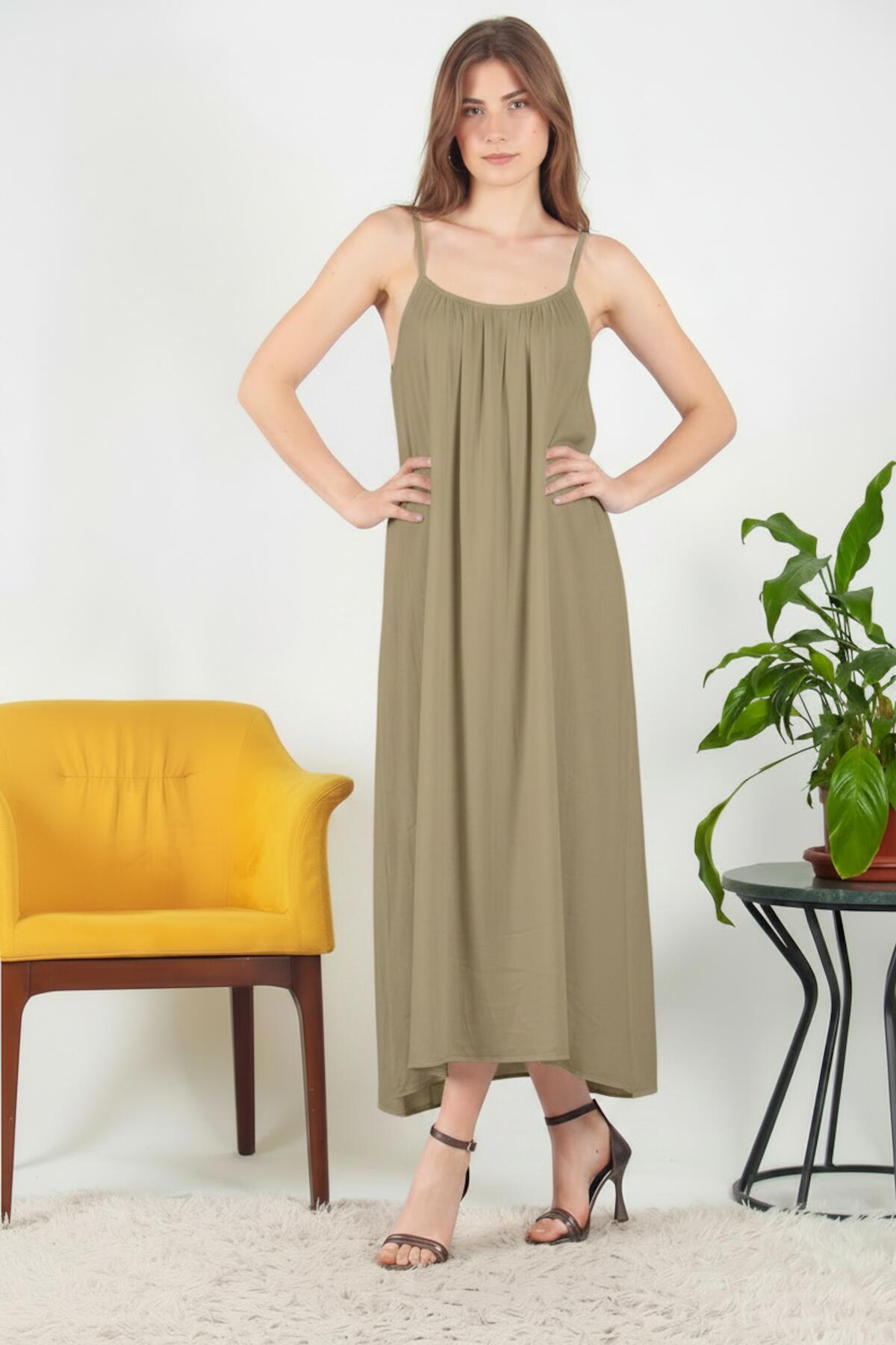 Italian Voile Midi Dress With Spaghetti Straps — Khaki