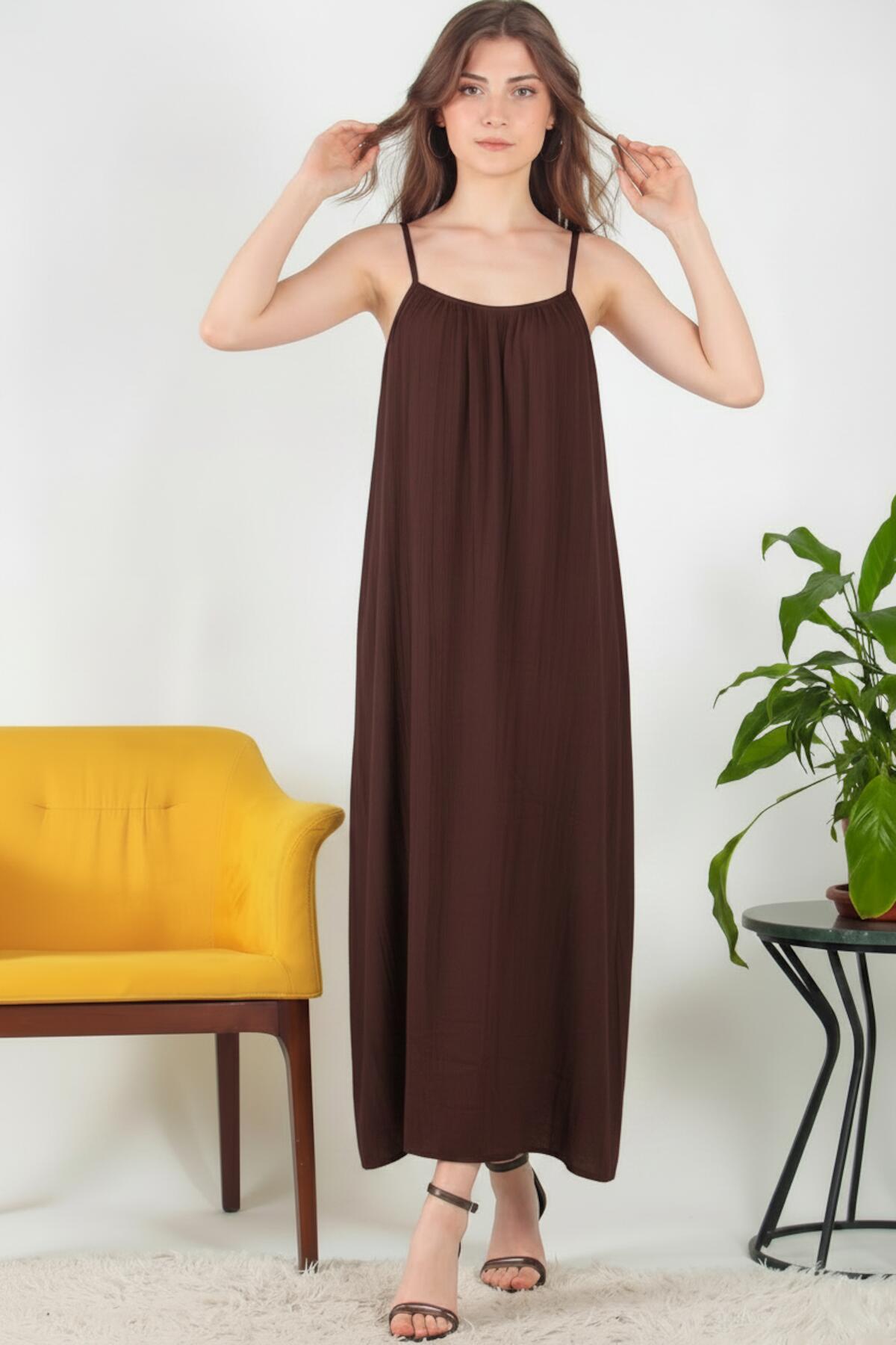 Italian Voile Midi Dress With Thin Straps — Brown