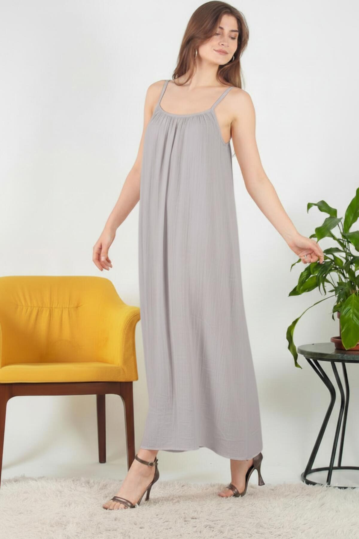 Italian Voile Midi Dress With Thin Straps — Grey