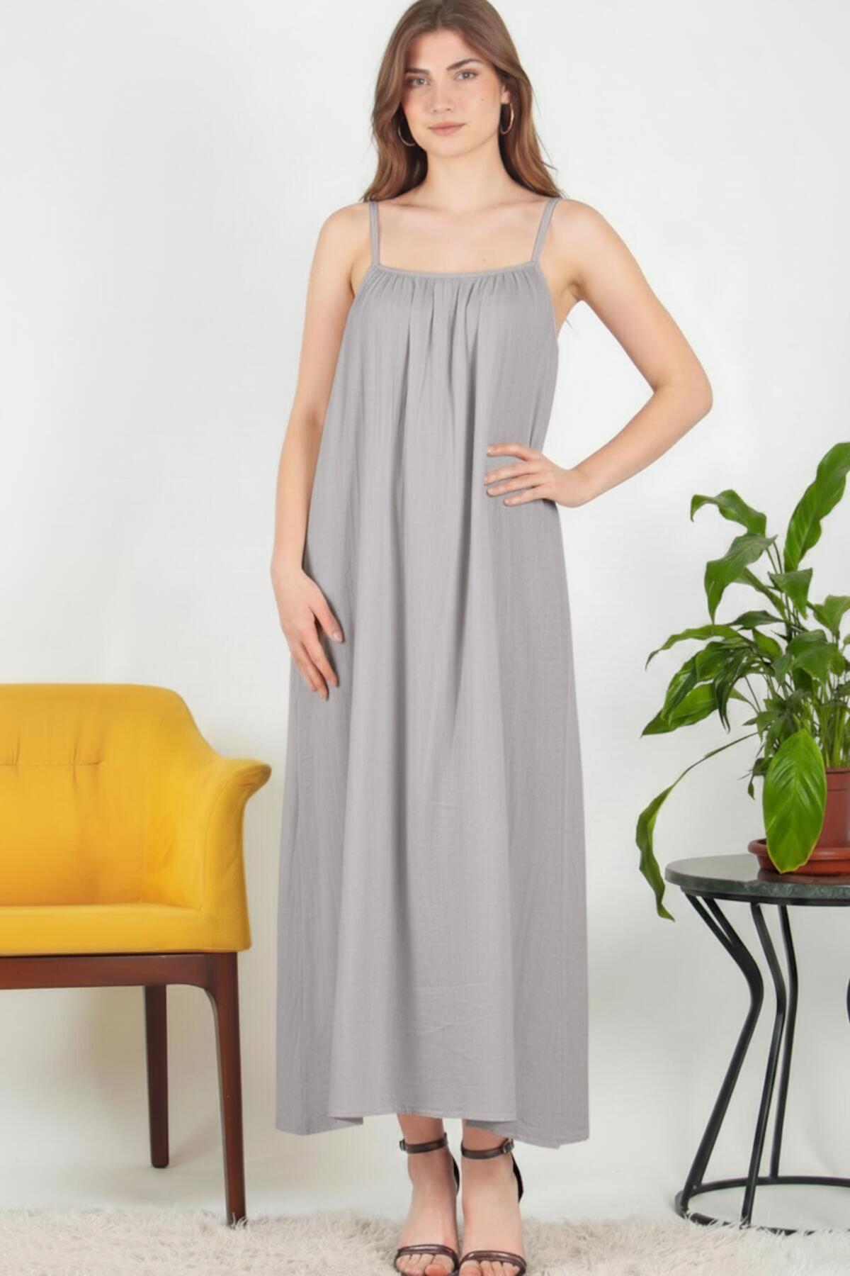 Italian Voile Midi Dress With Thin Straps — Grey