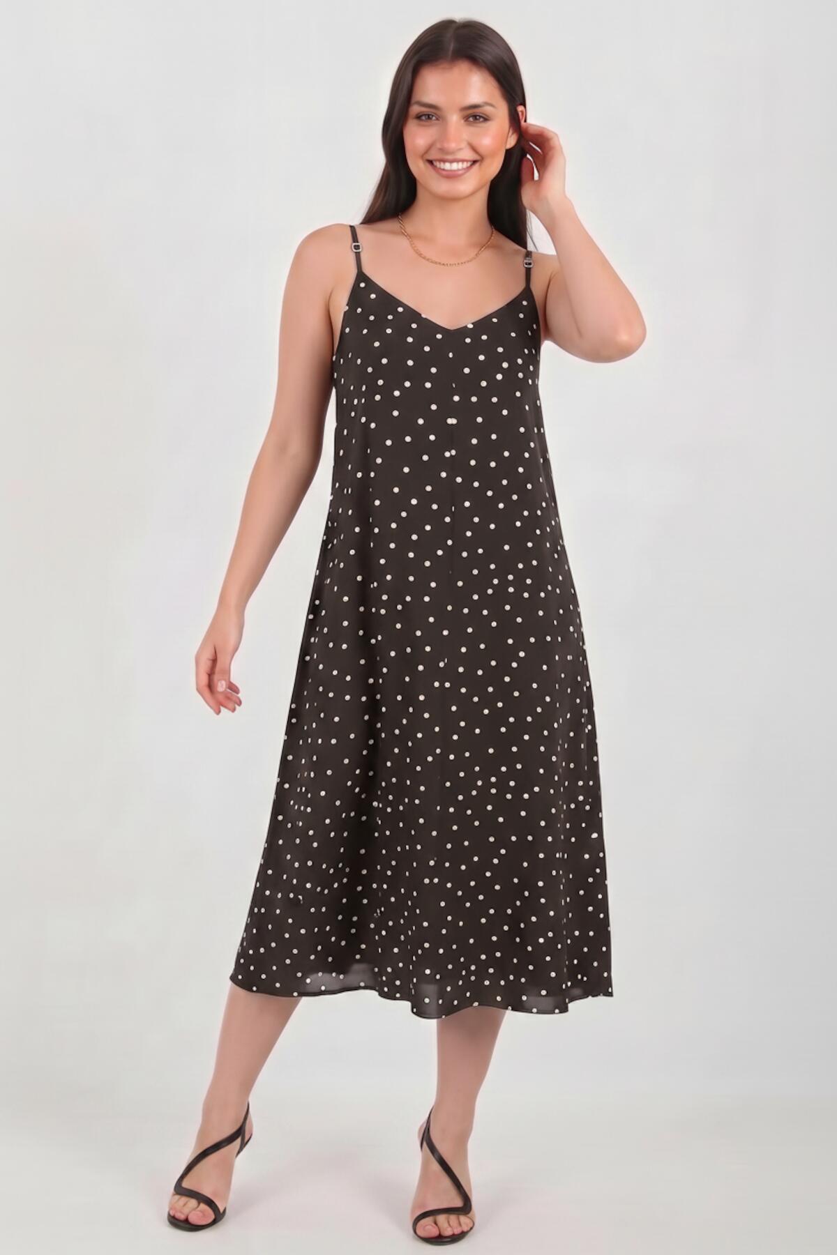 Gepunktetes Kleid mit Bindeträgern — Braun