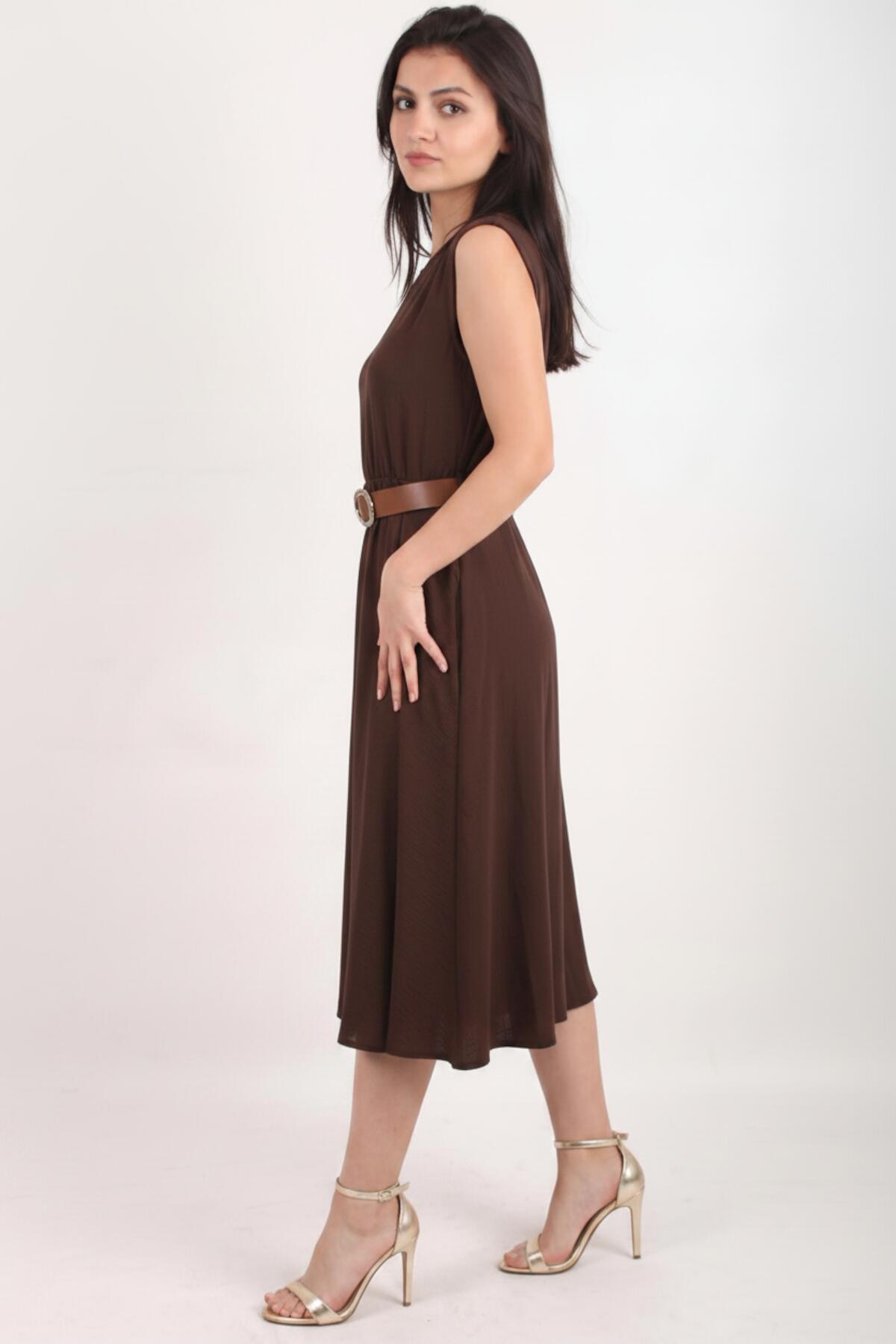 Padded - Shoulder Dress With Slim Elastic Waist — Brown