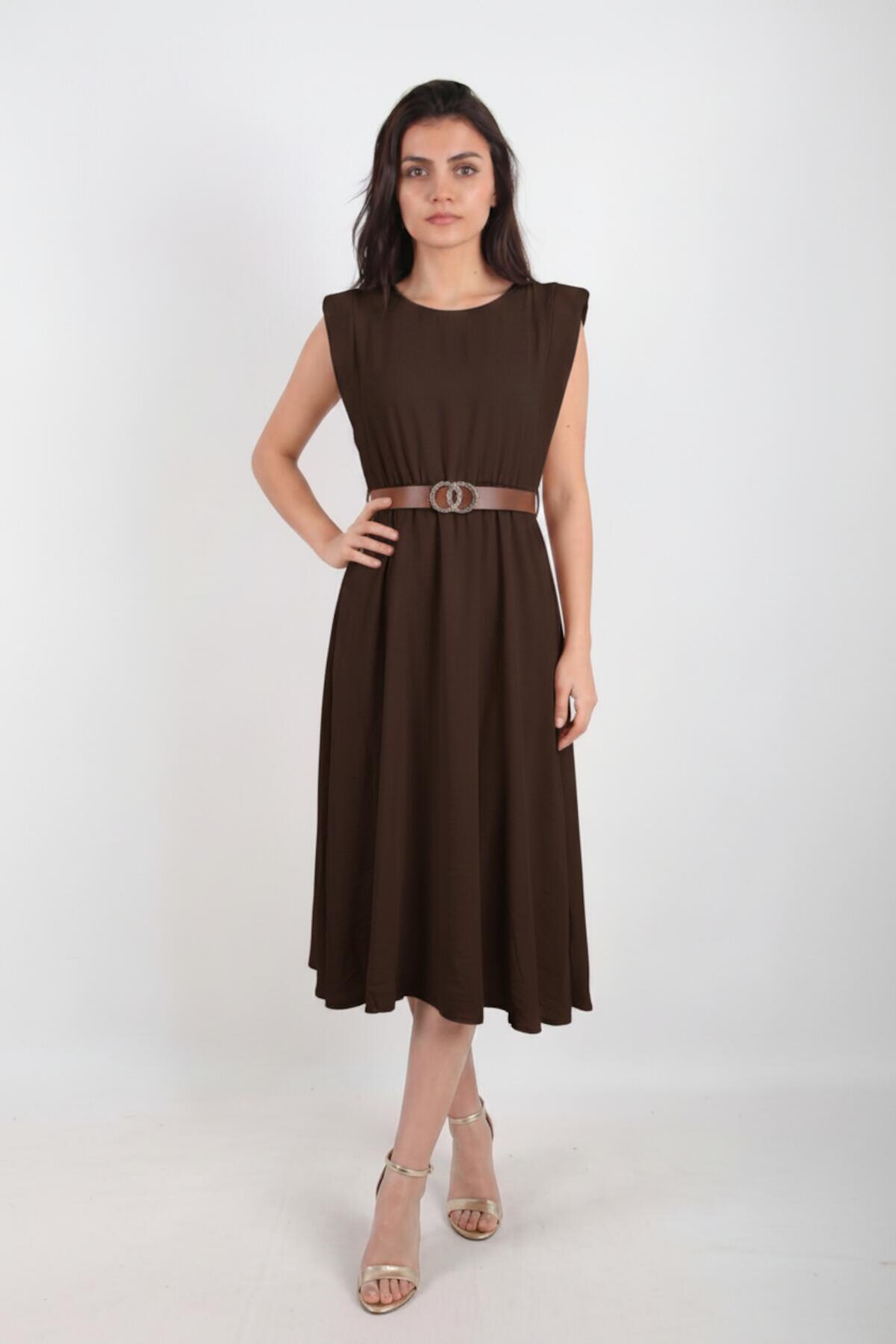 Padded - Shoulder Dress With Slim Elastic Waist — Brown