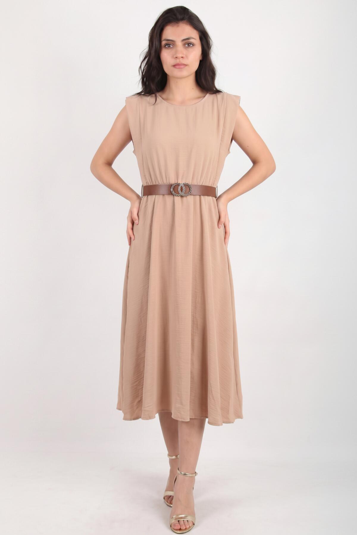 Padded - Shoulder Dress With Slim Elastic Waist — Beige