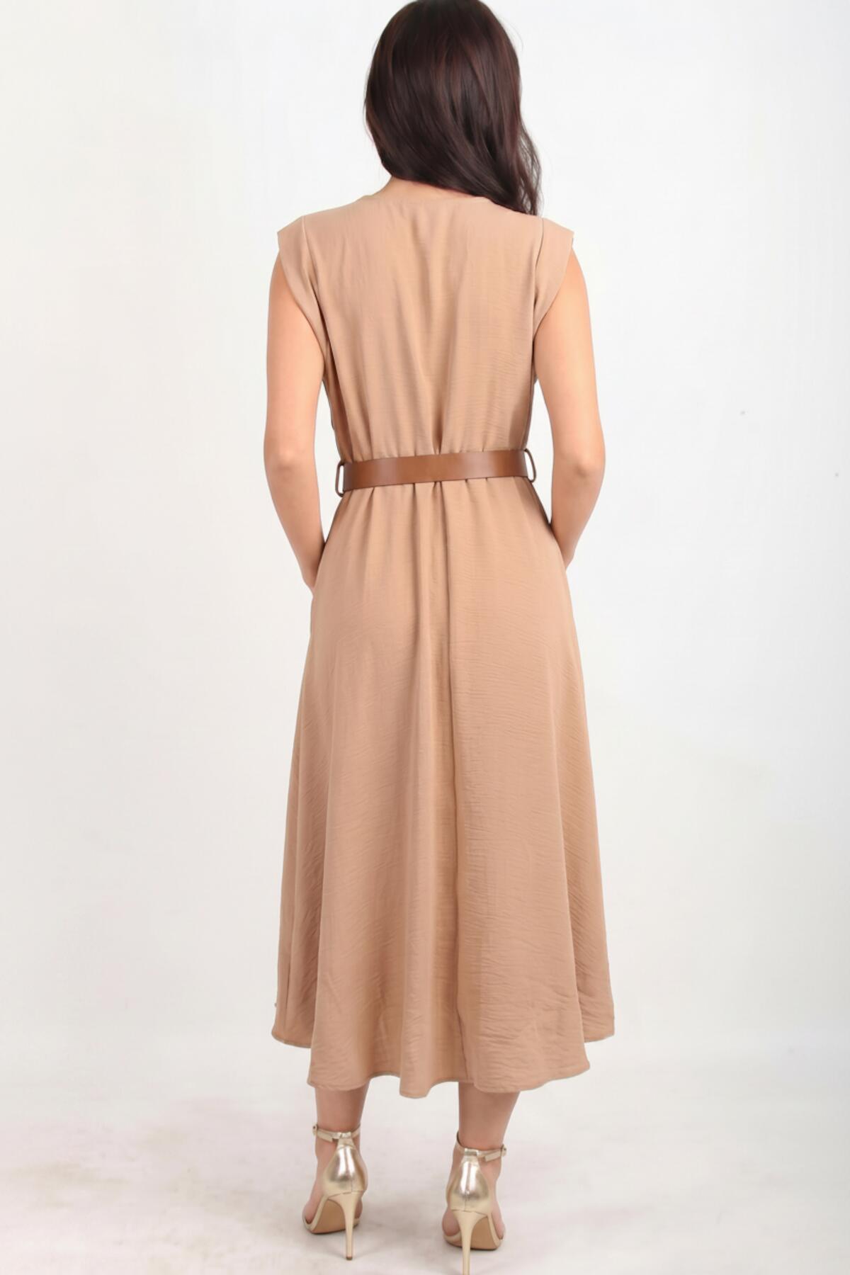 Padded - Shoulder Dress With Slim Elastic Waist — Beige