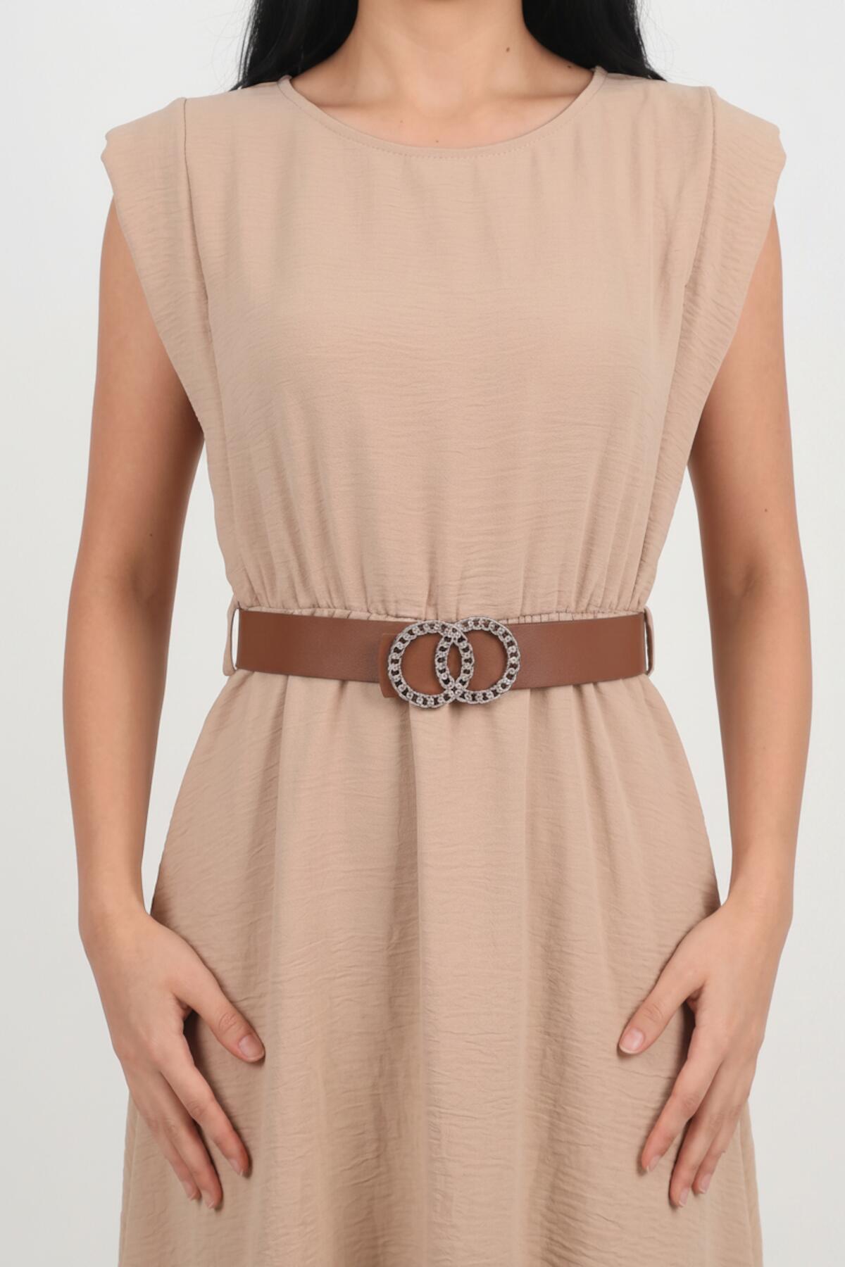 Padded - Shoulder Dress With Slim Elastic Waist — Beige