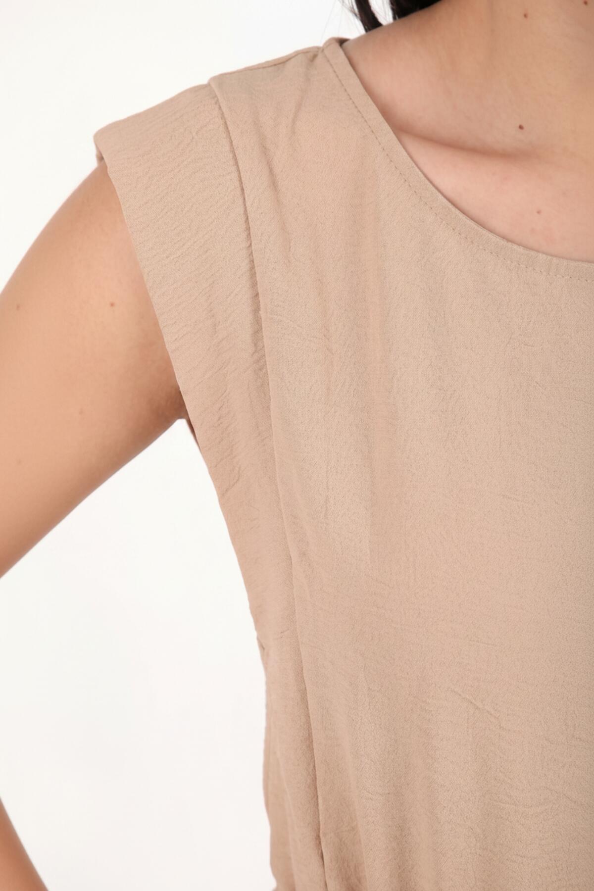 Padded - Shoulder Dress With Slim Elastic Waist — Beige