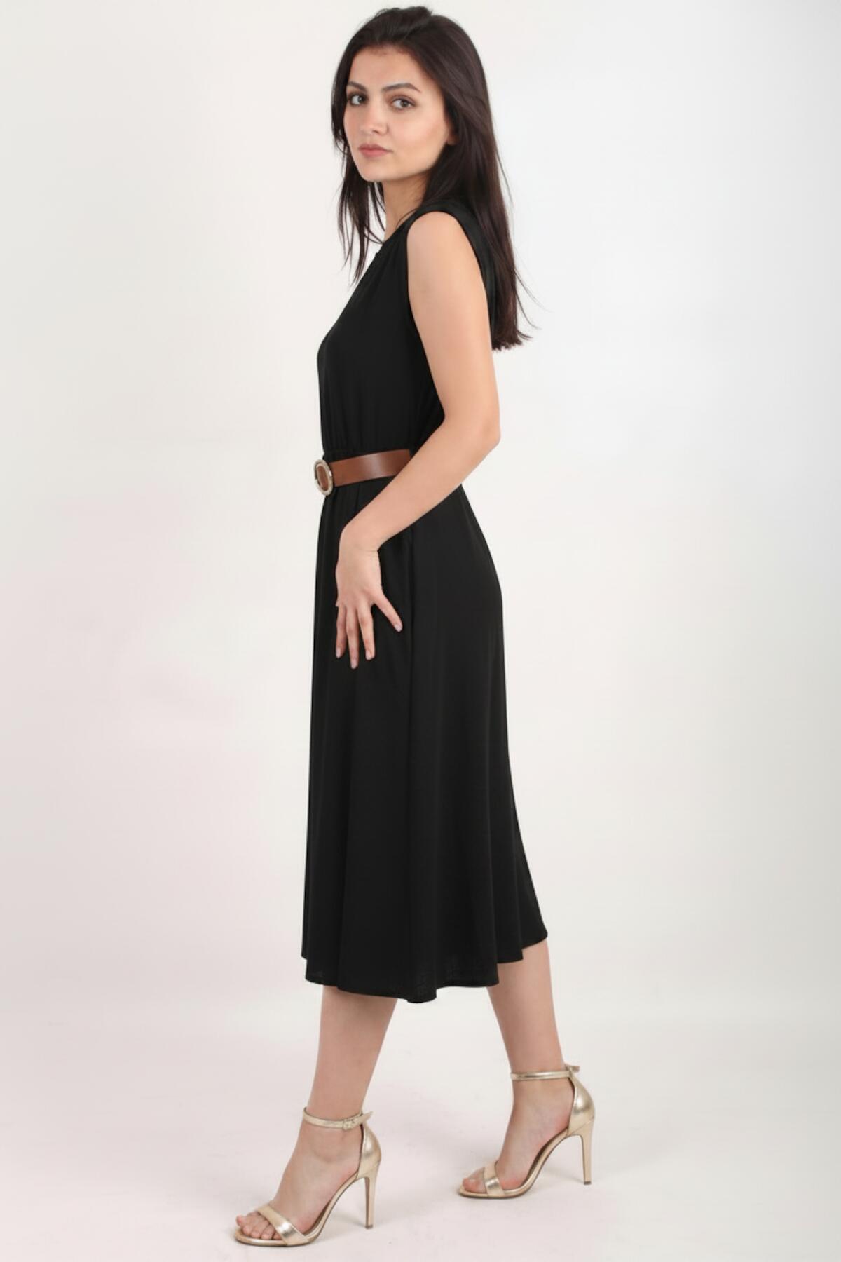 Black Dress With Padded Shoulders And Slim Elastic Waist